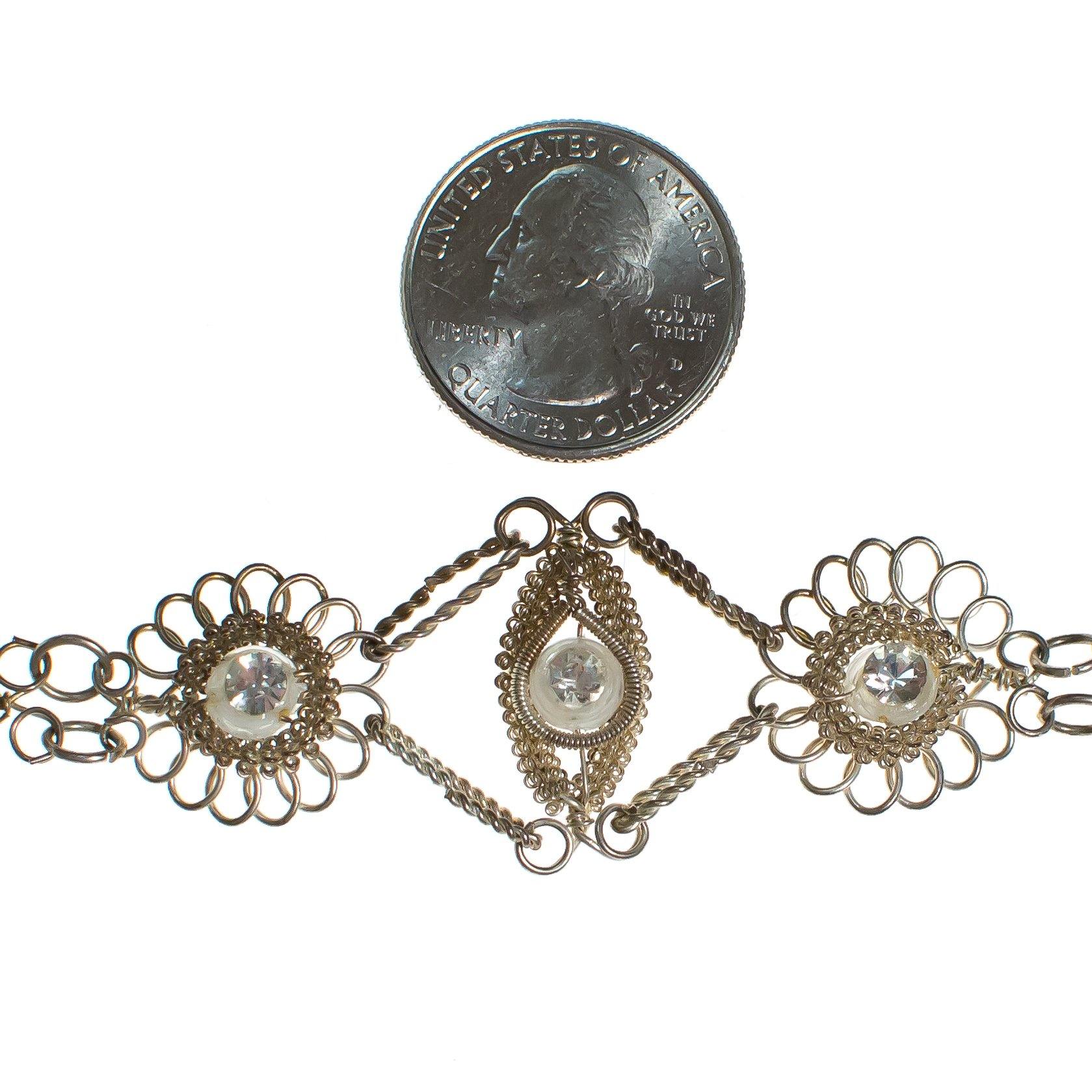 Vintage Silver Filigree Wire Work Bracelet with Rhinestones by Vintage Meet Modern - Vintage Meet Modern Vintage Jewelry - Chicago, Illinois - #oldhollywoodglamour #vintagemeetmodern #designervintage #jewelrybox #antiquejewelry #vintagejewelry