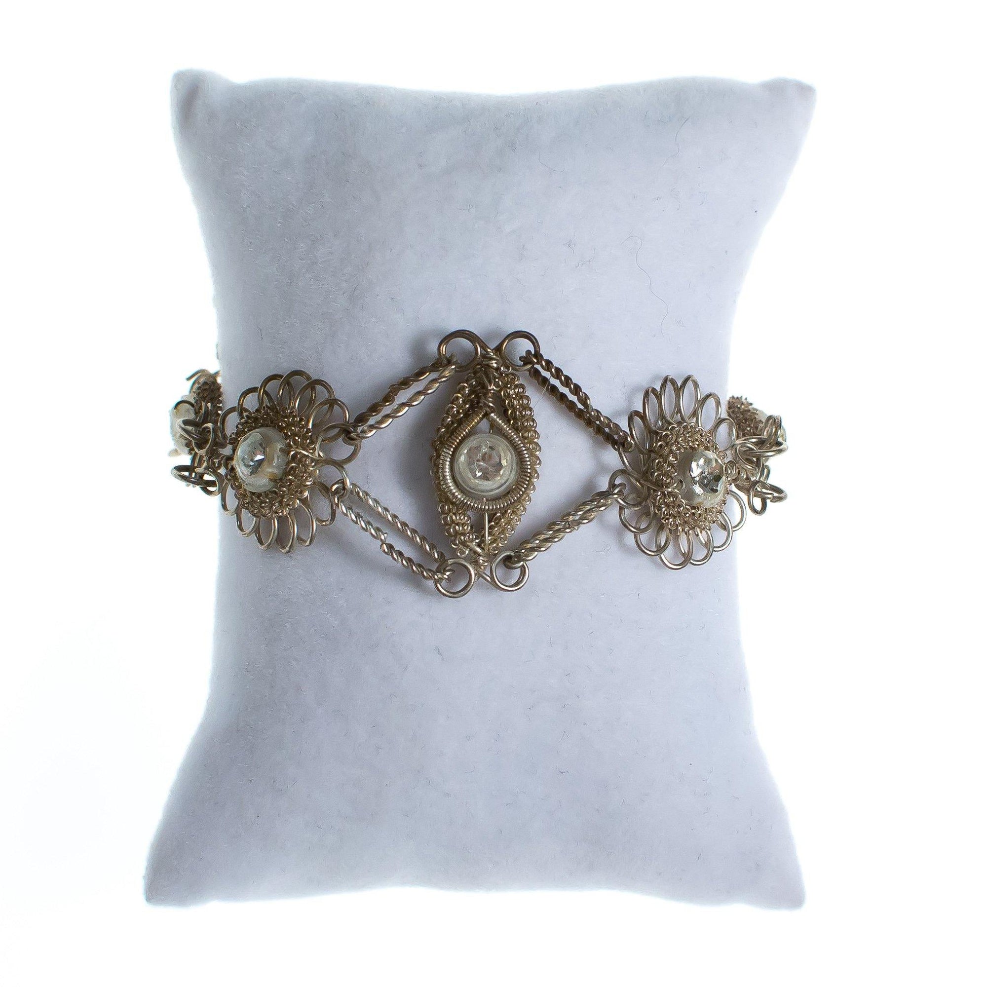 Vintage Silver Filigree Wire Work Bracelet with Rhinestones by Vintage Meet Modern - Vintage Meet Modern Vintage Jewelry - Chicago, Illinois - #oldhollywoodglamour #vintagemeetmodern #designervintage #jewelrybox #antiquejewelry #vintagejewelry