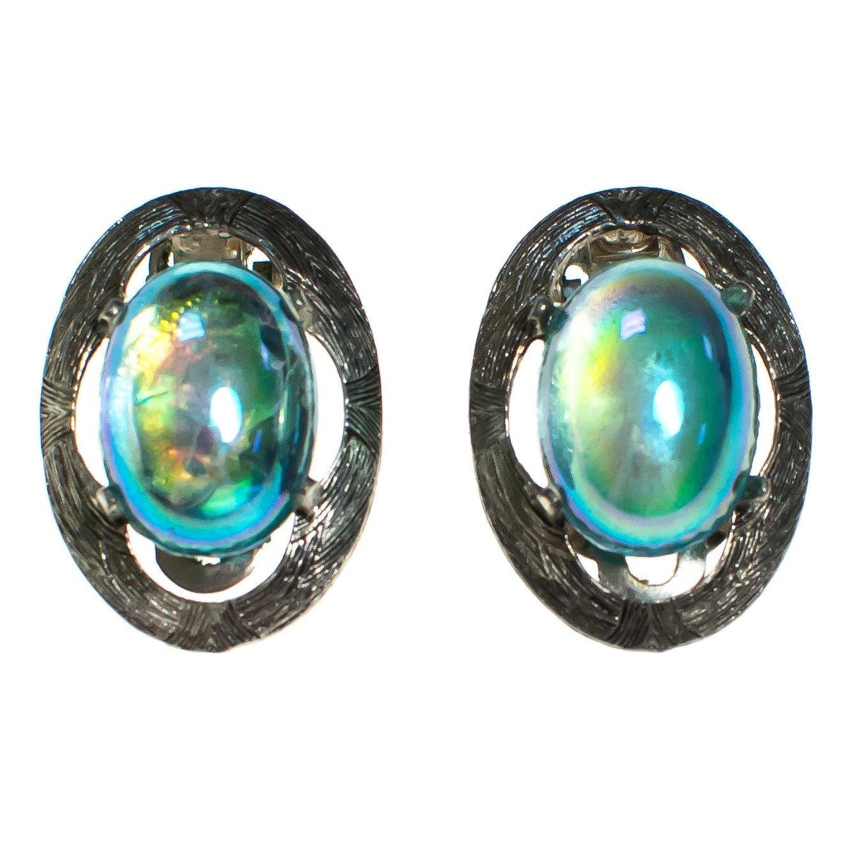 Vintage Iridescent Aqua Rhinestone Cabochon Earrings