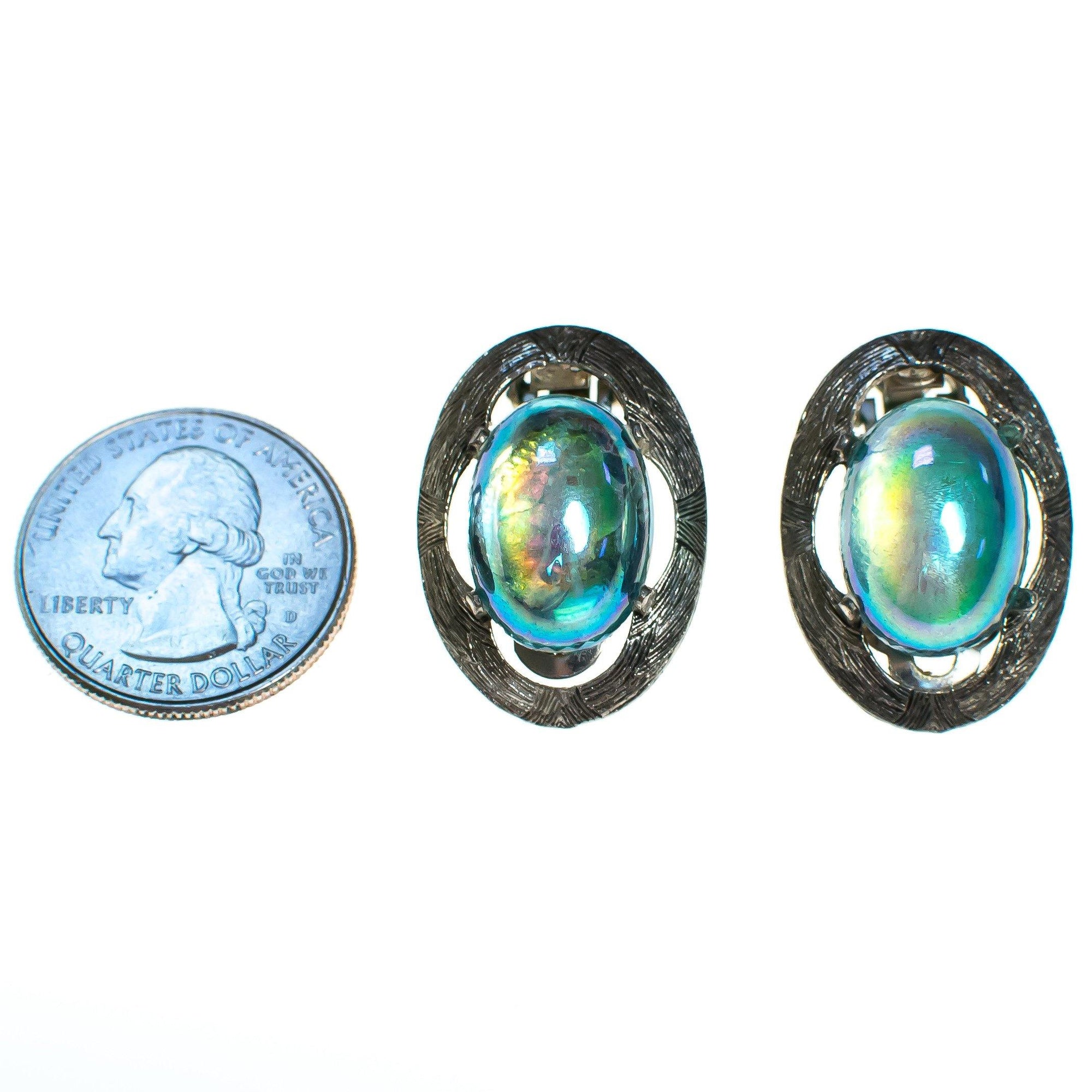 Vintage Iridescent Aqua Rhinestone Cabochon Earrings by Cabochon - Vintage Meet Modern Vintage Jewelry - Chicago, Illinois - #oldhollywoodglamour #vintagemeetmodern #designervintage #jewelrybox #antiquejewelry #vintagejewelry