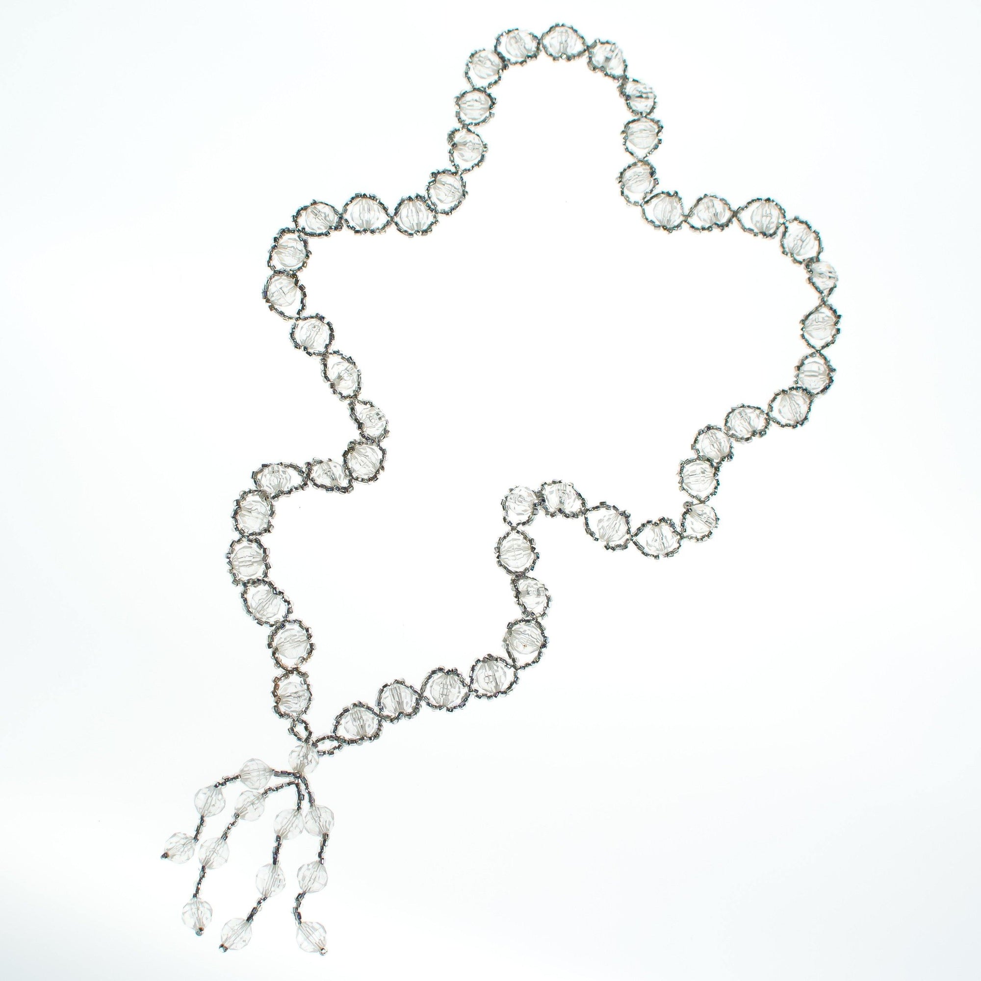 Vintage Clear and Gray Crystal Beaded Tassel Necklace by 1970s - Vintage Meet Modern Vintage Jewelry - Chicago, Illinois - #oldhollywoodglamour #vintagemeetmodern #designervintage #jewelrybox #antiquejewelry #vintagejewelry