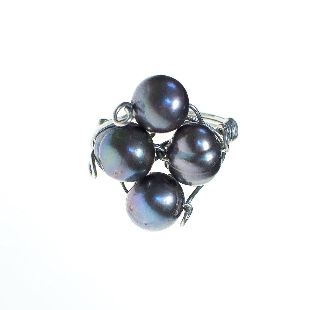 Vintage Black Freshwater Pearl Silver Wire Statement Ring Hand Made One of A Kind