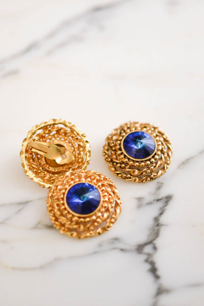 Bold Gold and Blue Rivoli Rhinestone Earrings and Brooch Set by Nancy M - Vintage Meet Modern Vintage Jewelry - Chicago, Illinois - #oldhollywoodglamour #vintagemeetmodern #designervintage #jewelrybox #antiquejewelry #vintagejewelry