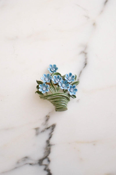 Vintage Blue Flowers in the Basket Painted Enamel Brooch by Unsigned Beauty - Vintage Meet Modern Vintage Jewelry - Chicago, Illinois - #oldhollywoodglamour #vintagemeetmodern #designervintage #jewelrybox #antiquejewelry #vintagejewelry