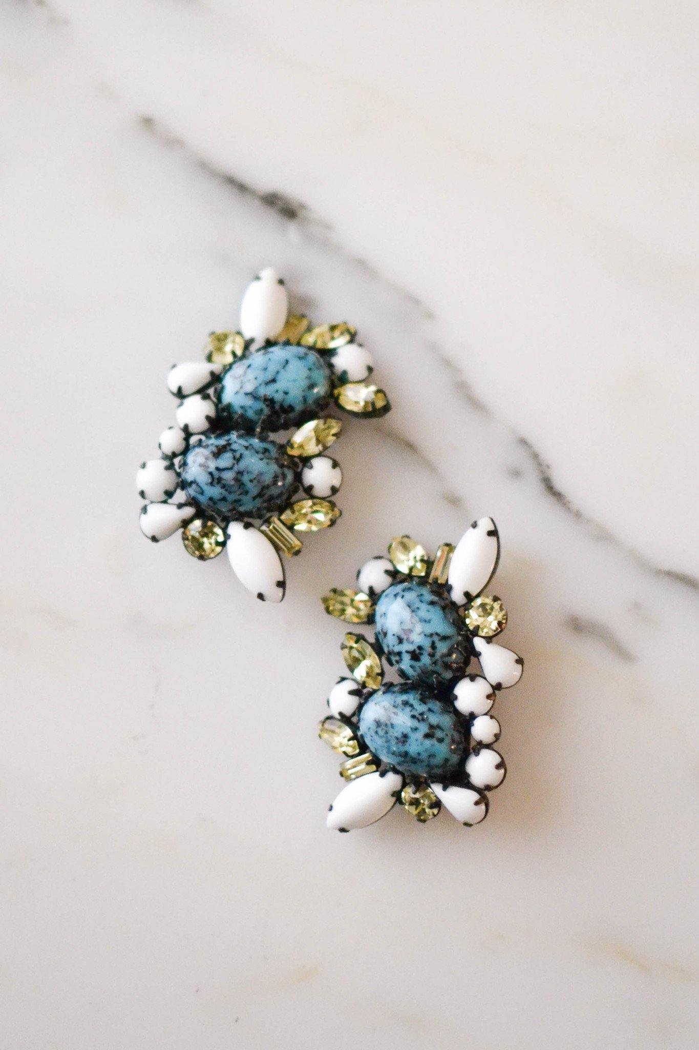 Turquoise & Milk Glass, Yellow Citrine Rhinestone Earrings, Statement Earrings by Unsigned Beauty - Vintage Meet Modern Vintage Jewelry - Chicago, Illinois - #oldhollywoodglamour #vintagemeetmodern #designervintage #jewelrybox #antiquejewelry #vintagejewelry