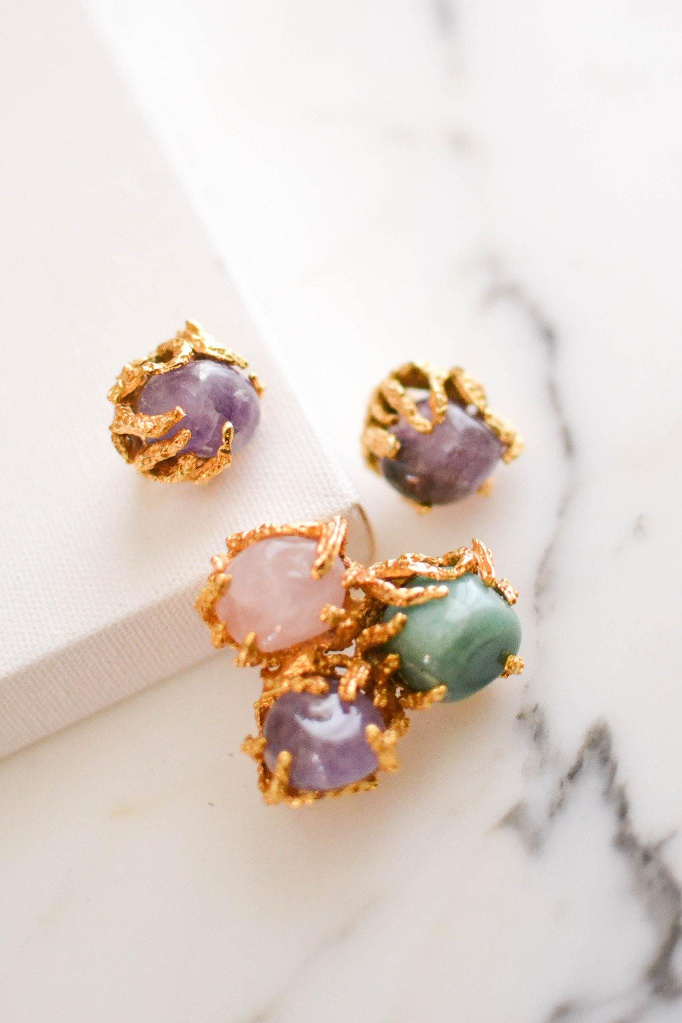 Vogue Jewelry Green,Purple Jade and Rose Quartz Brooch and Earrings Set by Vogue Jewelry - Vintage Meet Modern Vintage Jewelry - Chicago, Illinois - #oldhollywoodglamour #vintagemeetmodern #designervintage #jewelrybox #antiquejewelry #vintagejewelry