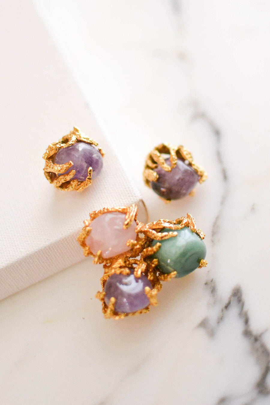 Vogue Jewelry Green,Purple Jade and Rose Quartz Brooch and Earrings Set by Vogue Jewelry - Vintage Meet Modern Vintage Jewelry - Chicago, Illinois - #oldhollywoodglamour #vintagemeetmodern #designervintage #jewelrybox #antiquejewelry #vintagejewelry
