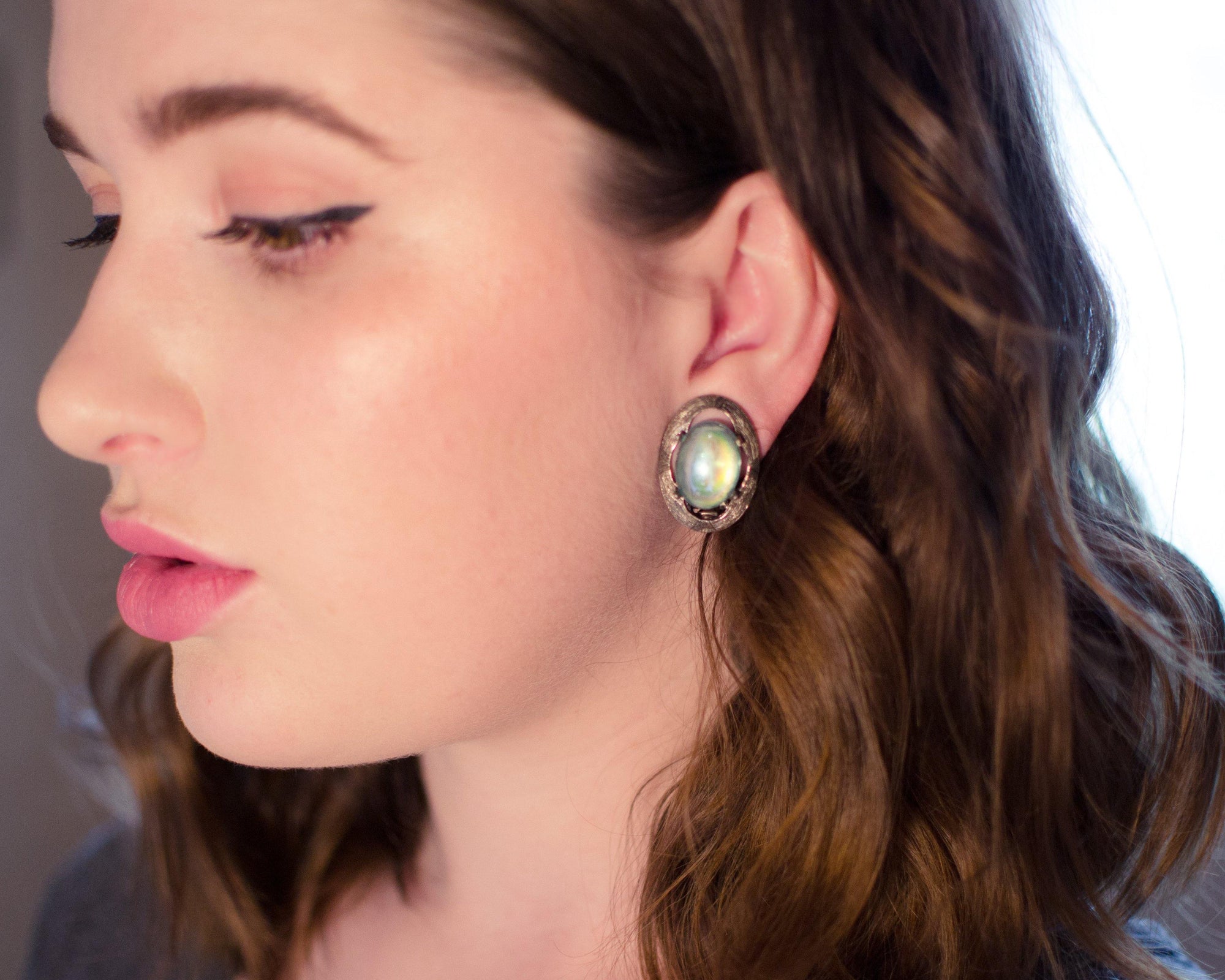 Vintage Iridescent Aqua Rhinestone Cabochon Earrings by Cabochon - Vintage Meet Modern Vintage Jewelry - Chicago, Illinois - #oldhollywoodglamour #vintagemeetmodern #designervintage #jewelrybox #antiquejewelry #vintagejewelry