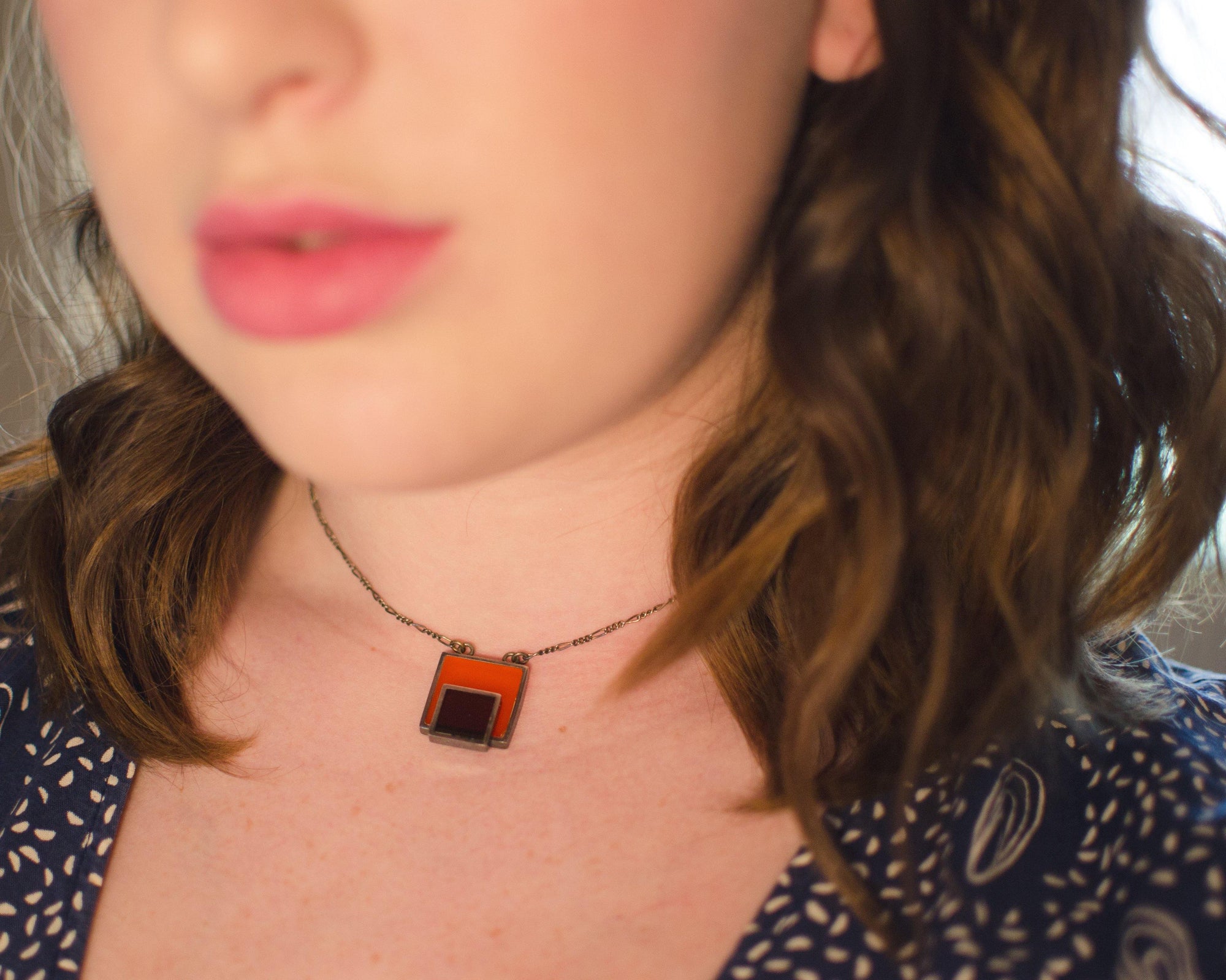 Mod Modrian Geometric Square Necklace in Carnelian and Burnt Sienna by Vintage Meet Modern - Vintage Meet Modern Vintage Jewelry - Chicago, Illinois - #oldhollywoodglamour #vintagemeetmodern #designervintage #jewelrybox #antiquejewelry #vintagejewelry