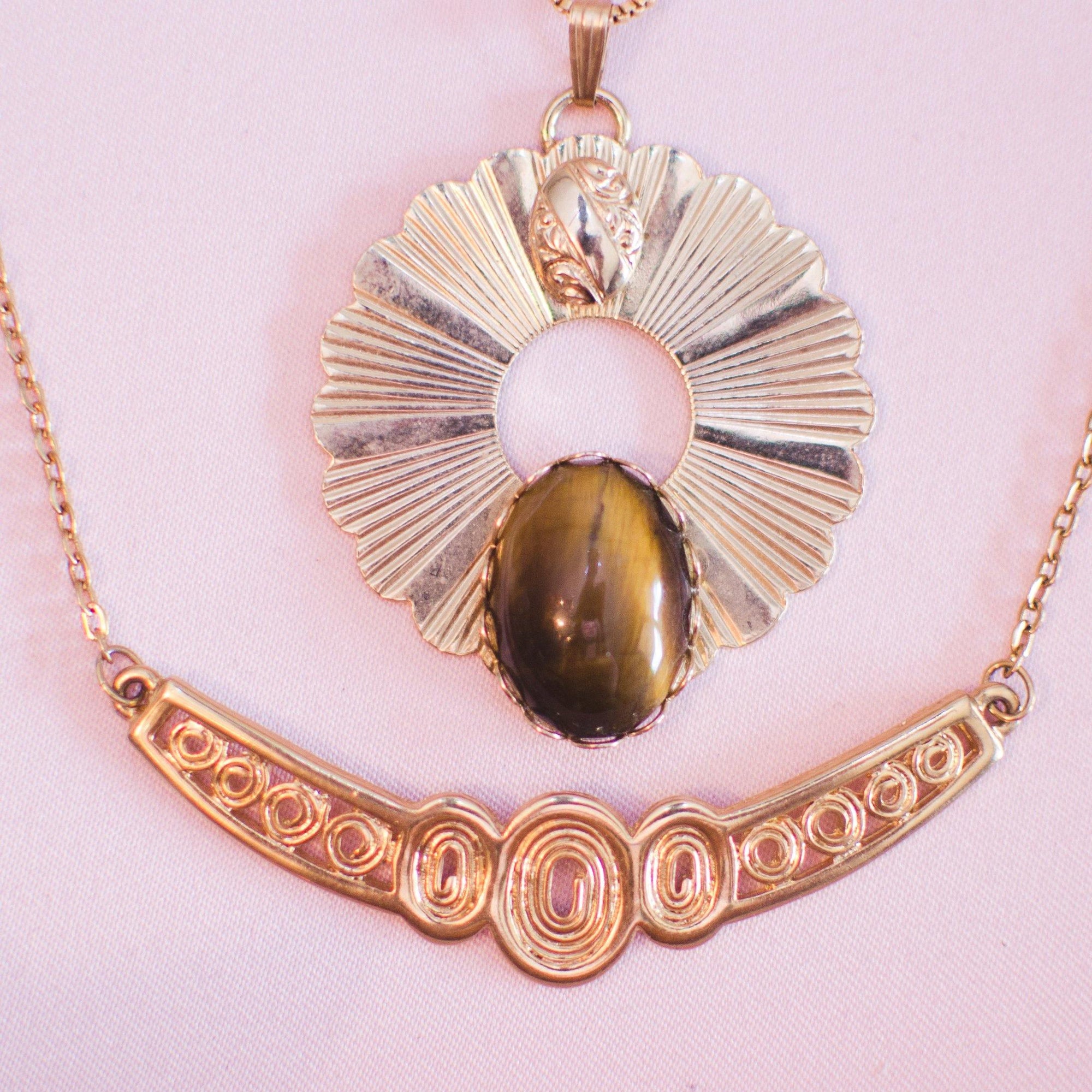 Tigers Eye Egyptian Revival Medallion Necklace by Vintage Meet Modern - Vintage Meet Modern Vintage Jewelry - Chicago, Illinois - #oldhollywoodglamour #vintagemeetmodern #designervintage #jewelrybox #antiquejewelry #vintagejewelry