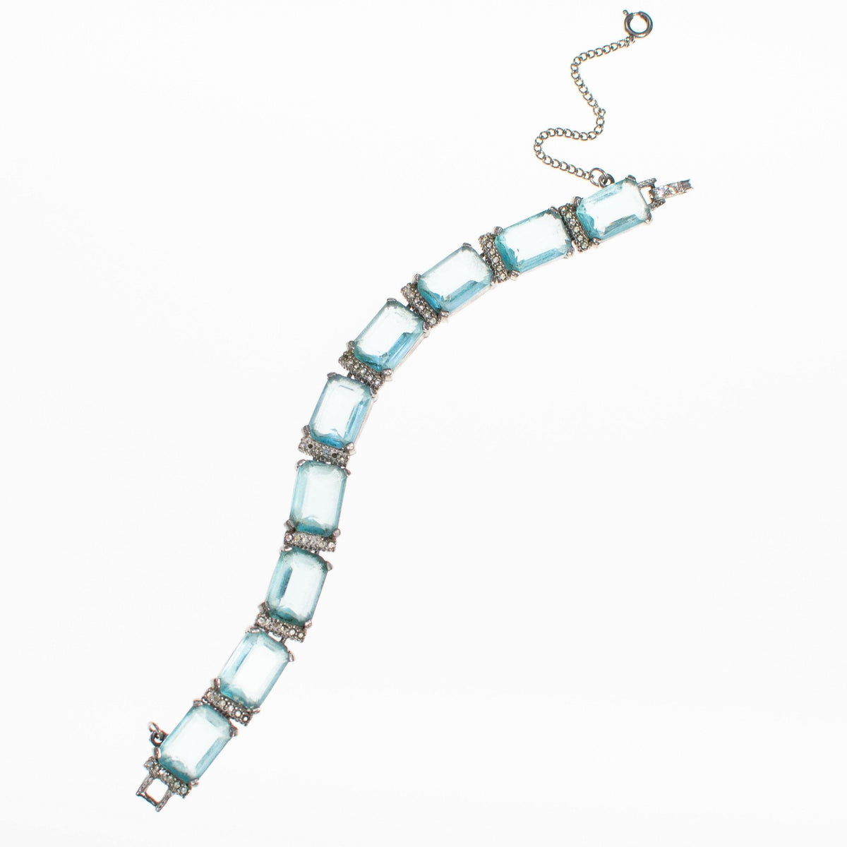 Art Deco Blue Emerald Cut Crystal and Diamante Rhinestone Bracelet