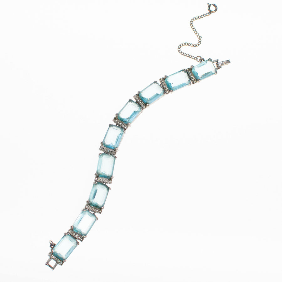 Art Deco Blue Emerald Cut Crystal and Diamante Rhinestone Bracelet by Vintage Meet Modern - Vintage Meet Modern Vintage Jewelry - Chicago, Illinois - #oldhollywoodglamour #vintagemeetmodern #designervintage #jewelrybox #antiquejewelry #vintagejewelry