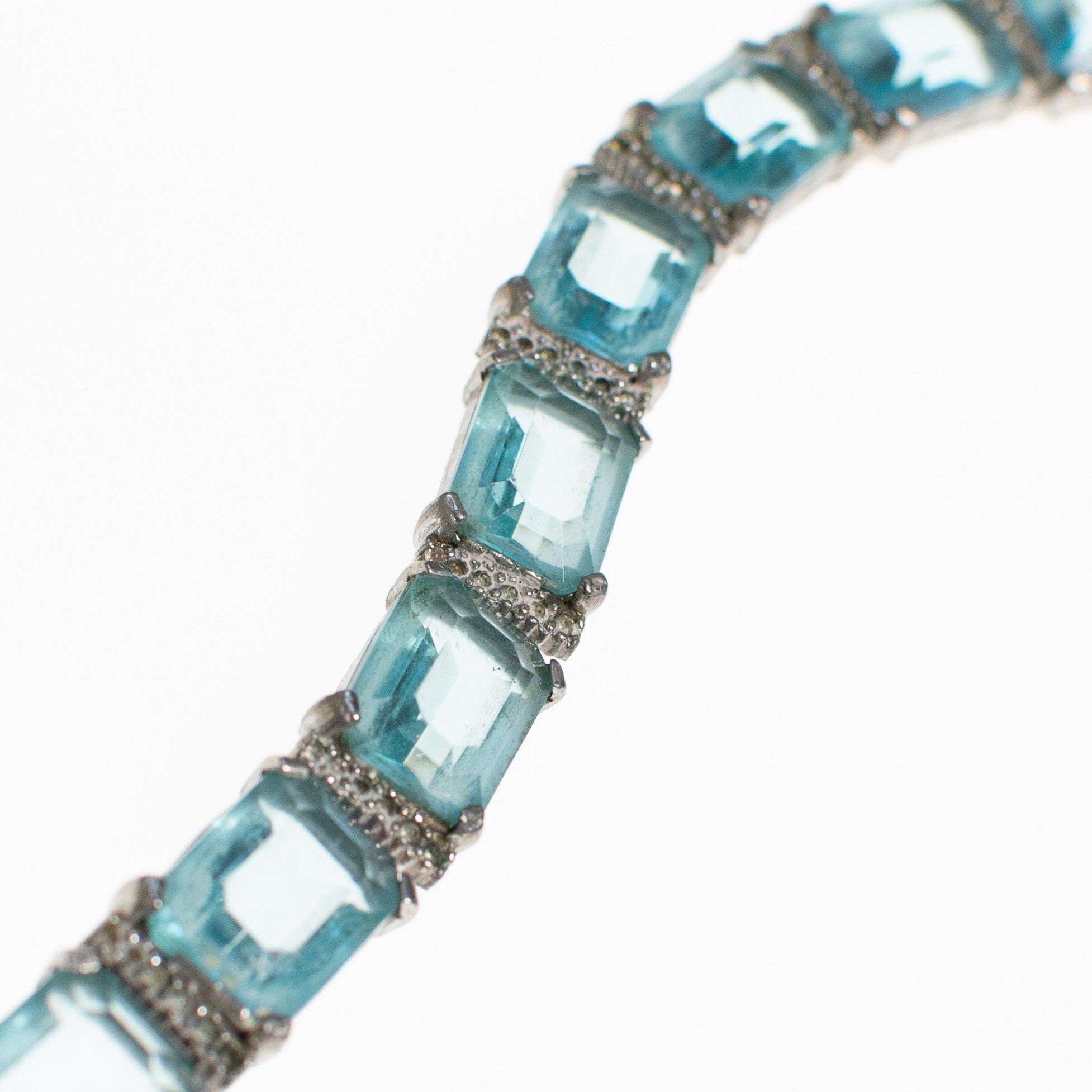Art Deco Blue Emerald Cut Crystal and Diamante Rhinestone Bracelet by Vintage Meet Modern - Vintage Meet Modern Vintage Jewelry - Chicago, Illinois - #oldhollywoodglamour #vintagemeetmodern #designervintage #jewelrybox #antiquejewelry #vintagejewelry