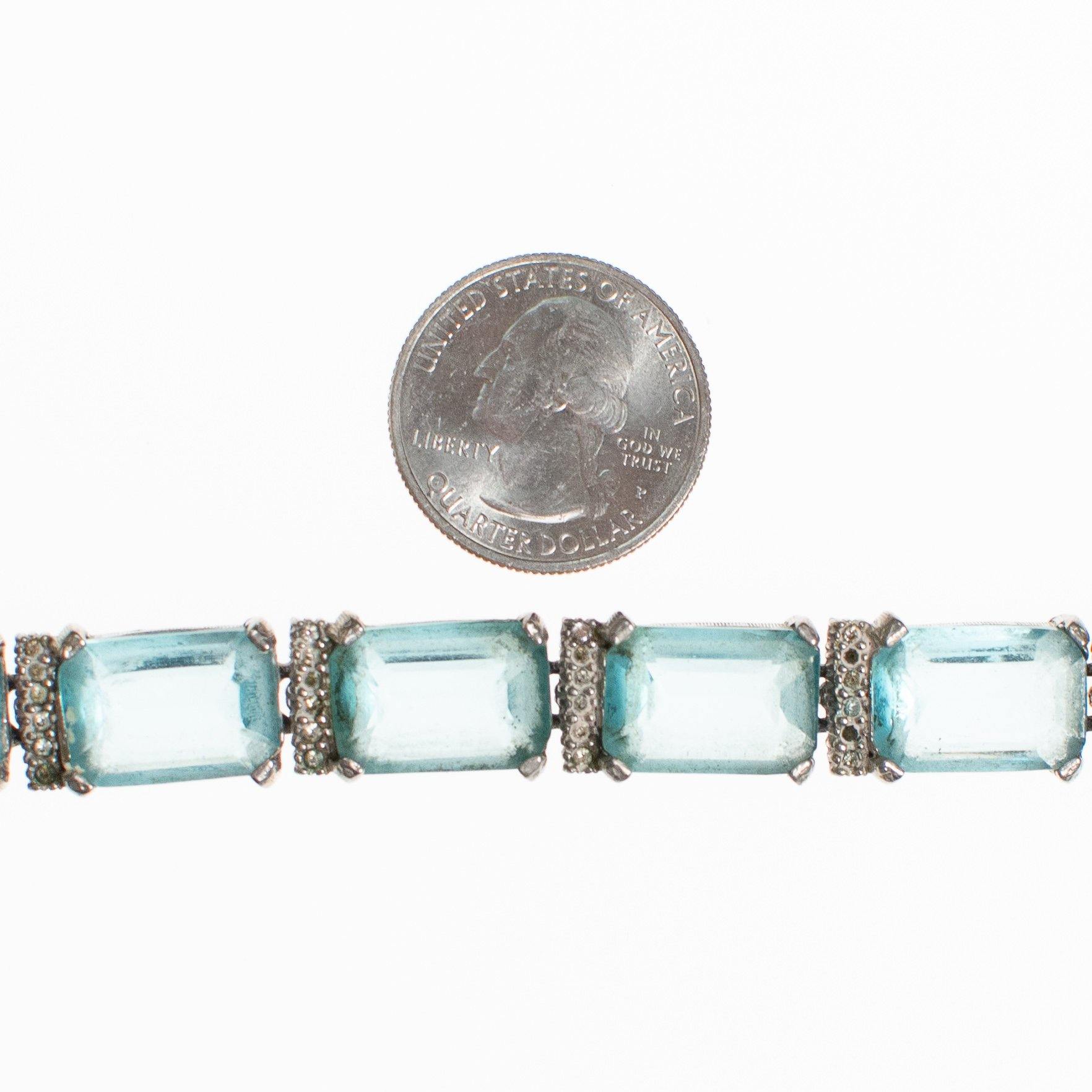 Art Deco Blue Emerald Cut Crystal and Diamante Rhinestone Bracelet by Vintage Meet Modern - Vintage Meet Modern Vintage Jewelry - Chicago, Illinois - #oldhollywoodglamour #vintagemeetmodern #designervintage #jewelrybox #antiquejewelry #vintagejewelry