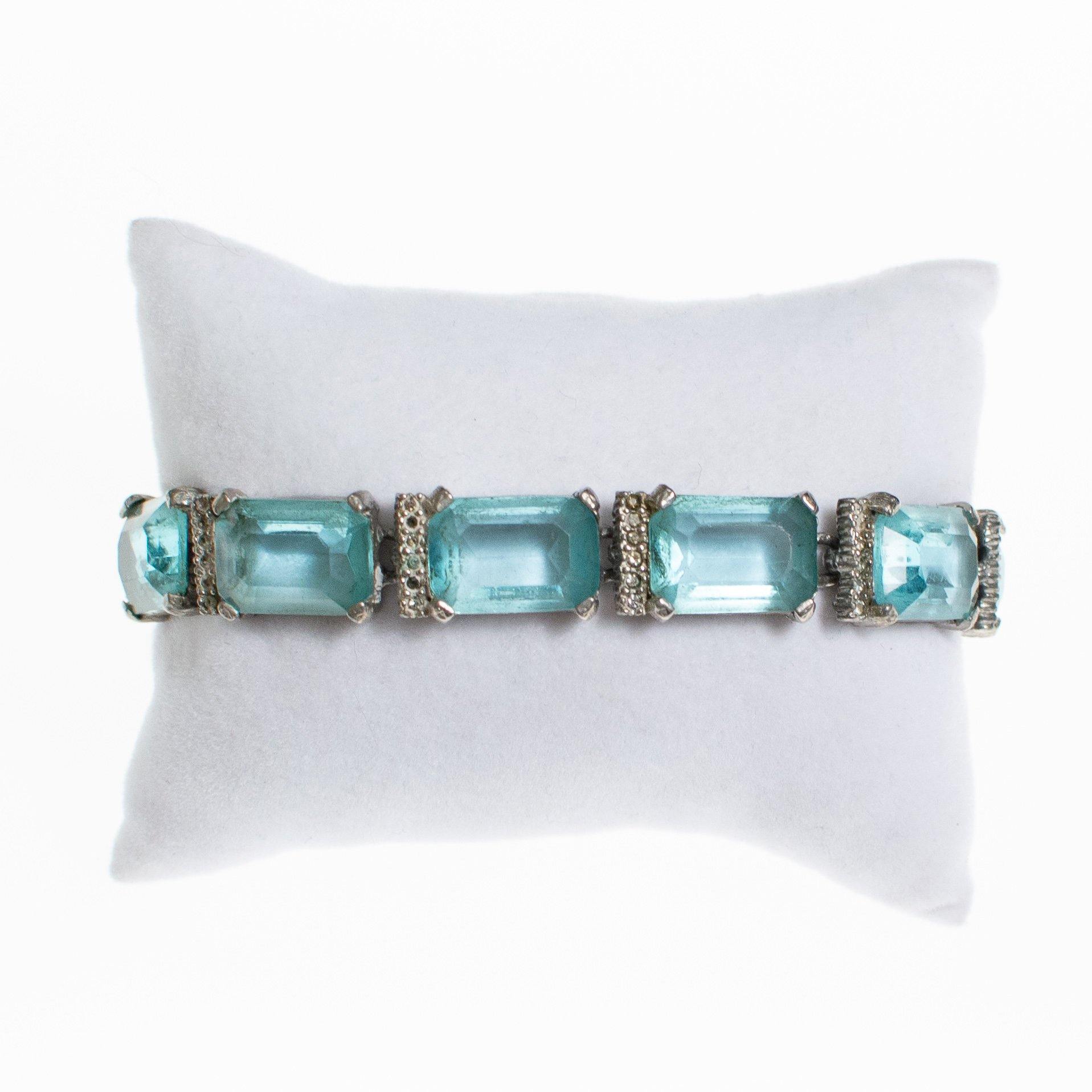 Art Deco Blue Emerald Cut Crystal and Diamante Rhinestone Bracelet by Vintage Meet Modern - Vintage Meet Modern Vintage Jewelry - Chicago, Illinois - #oldhollywoodglamour #vintagemeetmodern #designervintage #jewelrybox #antiquejewelry #vintagejewelry