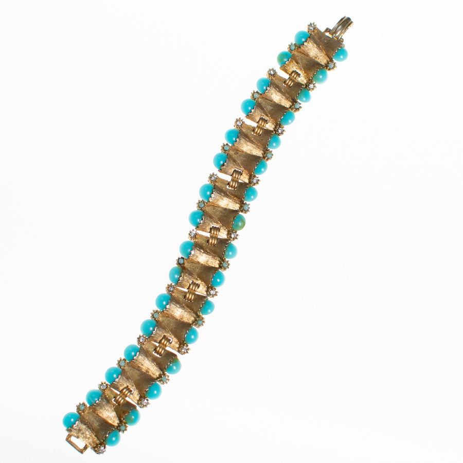Vintage Judy Lee Gold Bracelet with Rhinestones and Turquoise Beads by Judy Lee - Vintage Meet Modern Vintage Jewelry - Chicago, Illinois - #oldhollywoodglamour #vintagemeetmodern #designervintage #jewelrybox #antiquejewelry #vintagejewelry