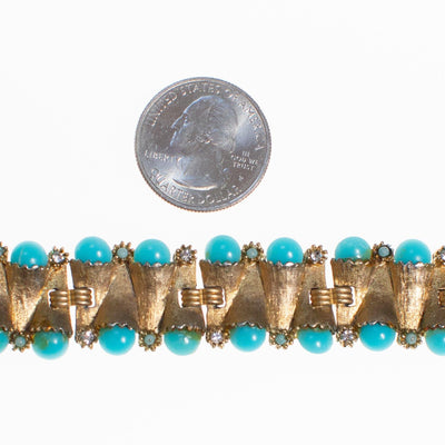Vintage Judy Lee Gold Bracelet with Rhinestones and Turquoise Beads by Judy Lee - Vintage Meet Modern Vintage Jewelry - Chicago, Illinois - #oldhollywoodglamour #vintagemeetmodern #designervintage #jewelrybox #antiquejewelry #vintagejewelry