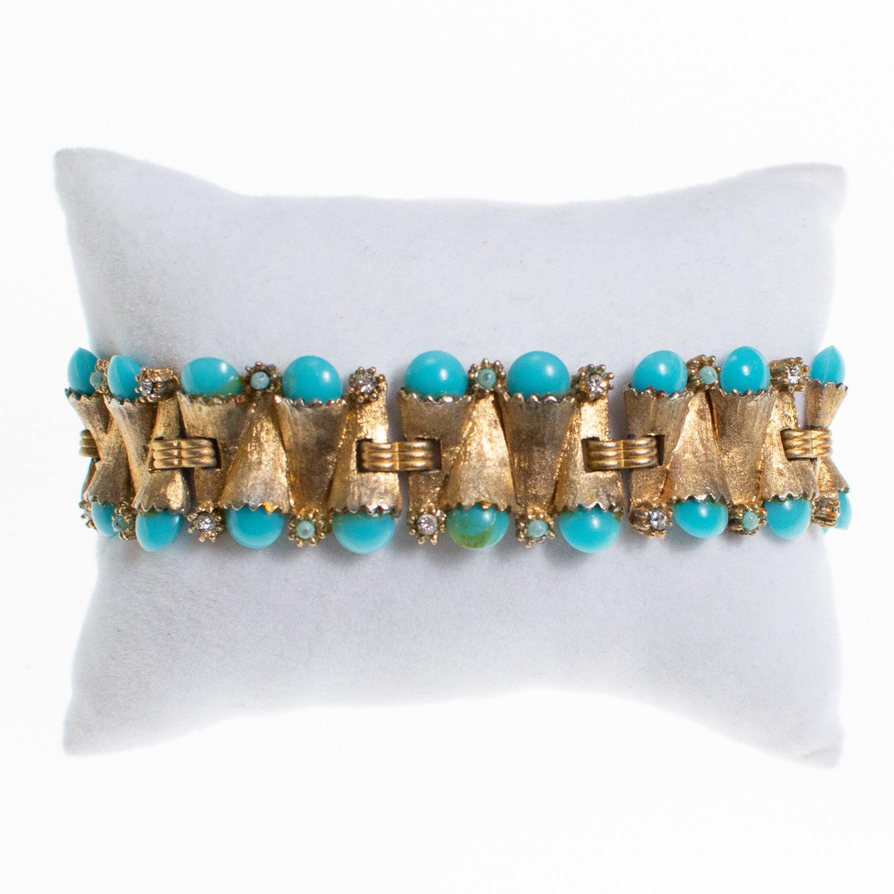 Vintage Judy Lee Gold Bracelet with Rhinestones and Turquoise Beads by Judy Lee - Vintage Meet Modern Vintage Jewelry - Chicago, Illinois - #oldhollywoodglamour #vintagemeetmodern #designervintage #jewelrybox #antiquejewelry #vintagejewelry