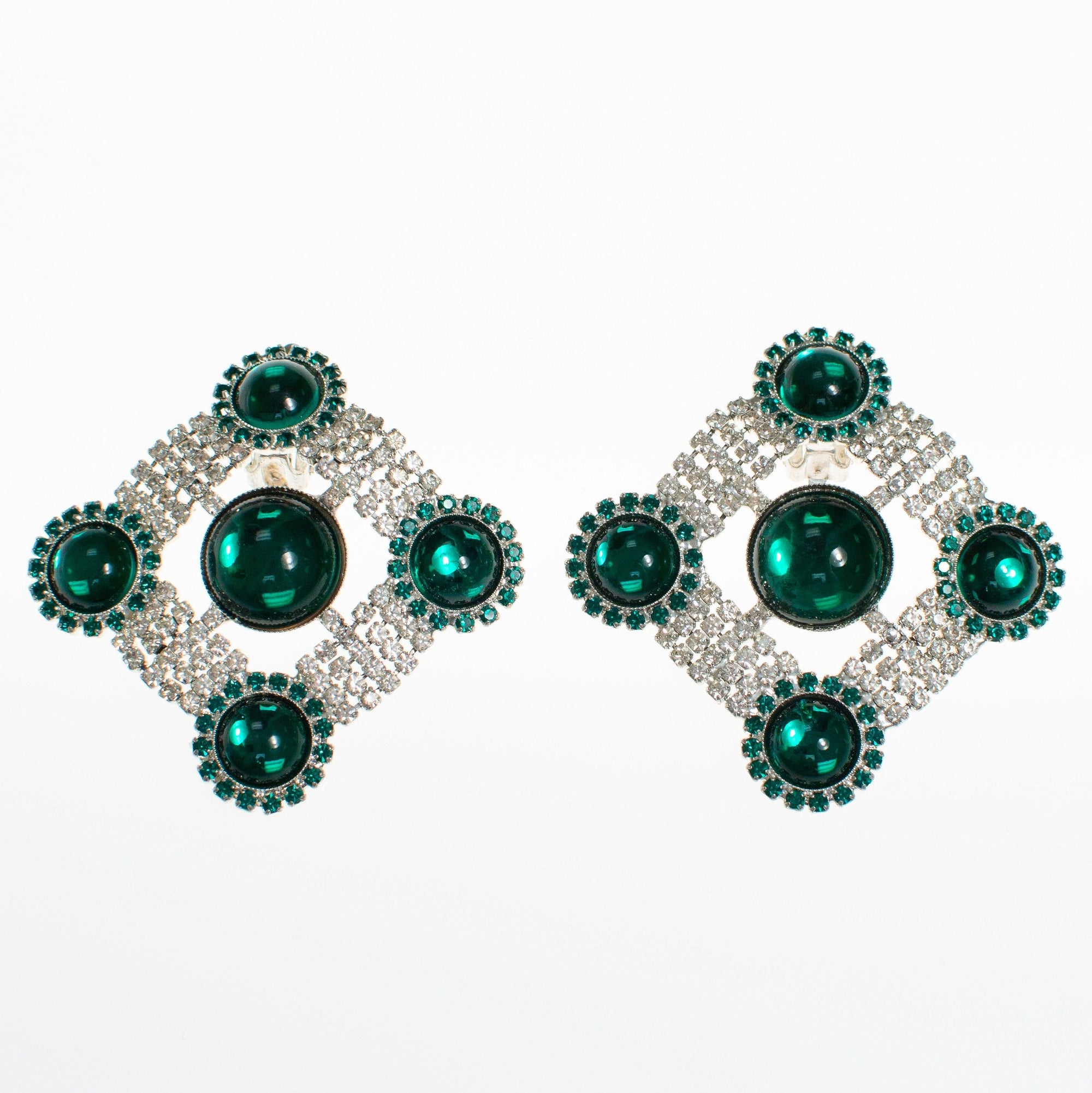 Art Deco Emerald Cabochon and Diamante Rhinestone Statement Earrings by Vintage Meet Modern - Vintage Meet Modern Vintage Jewelry - Chicago, Illinois - #oldhollywoodglamour #vintagemeetmodern #designervintage #jewelrybox #antiquejewelry #vintagejewelry