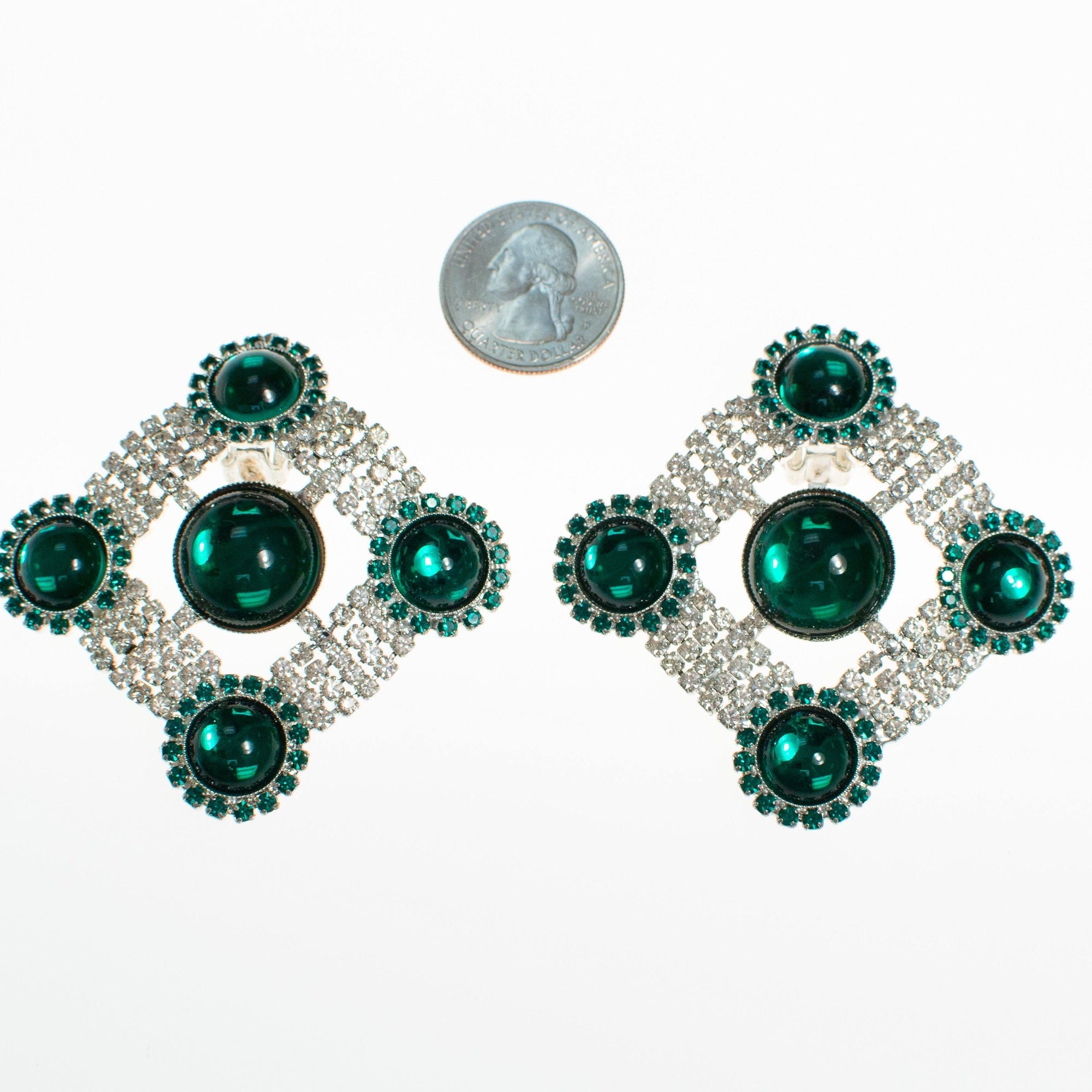 Art Deco Emerald Cabochon and Diamante Rhinestone Statement Earrings by Vintage Meet Modern - Vintage Meet Modern Vintage Jewelry - Chicago, Illinois - #oldhollywoodglamour #vintagemeetmodern #designervintage #jewelrybox #antiquejewelry #vintagejewelry