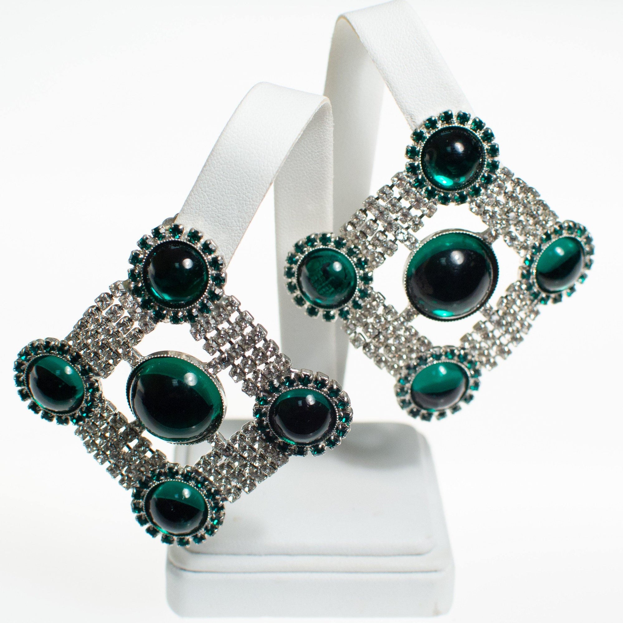 Art Deco Emerald Cabochon and Diamante Rhinestone Statement Earrings by Vintage Meet Modern - Vintage Meet Modern Vintage Jewelry - Chicago, Illinois - #oldhollywoodglamour #vintagemeetmodern #designervintage #jewelrybox #antiquejewelry #vintagejewelry