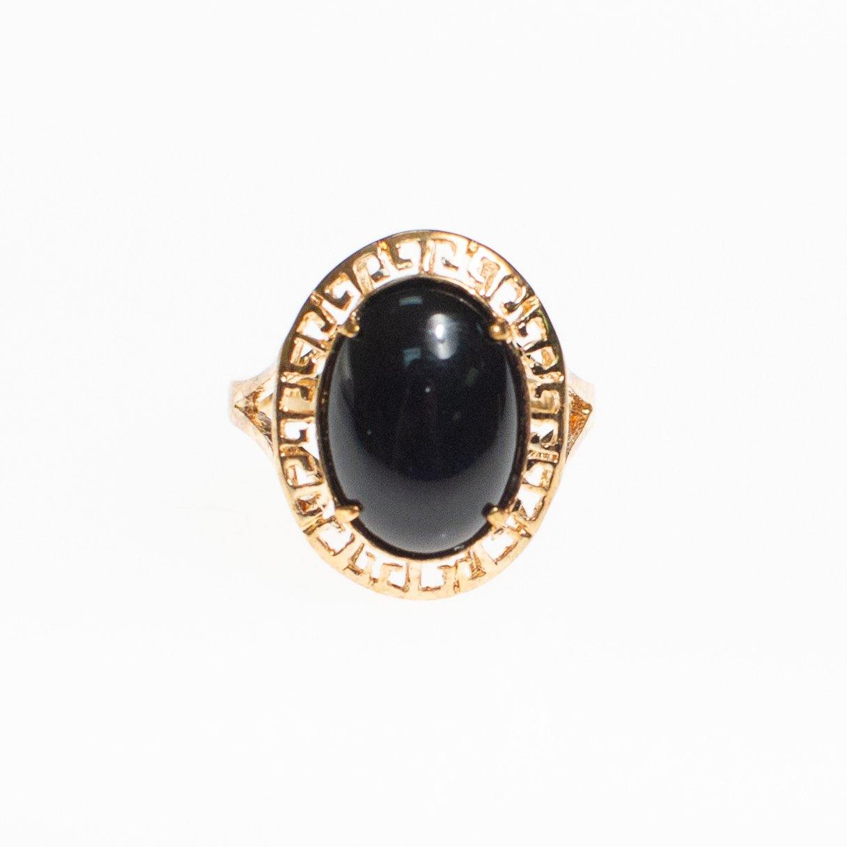 Oval Black Onyx Statement Ring with Greek Key Design by Vintage Meet Modern - Vintage Meet Modern Vintage Jewelry - Chicago, Illinois - #oldhollywoodglamour #vintagemeetmodern #designervintage #jewelrybox #antiquejewelry #vintagejewelry