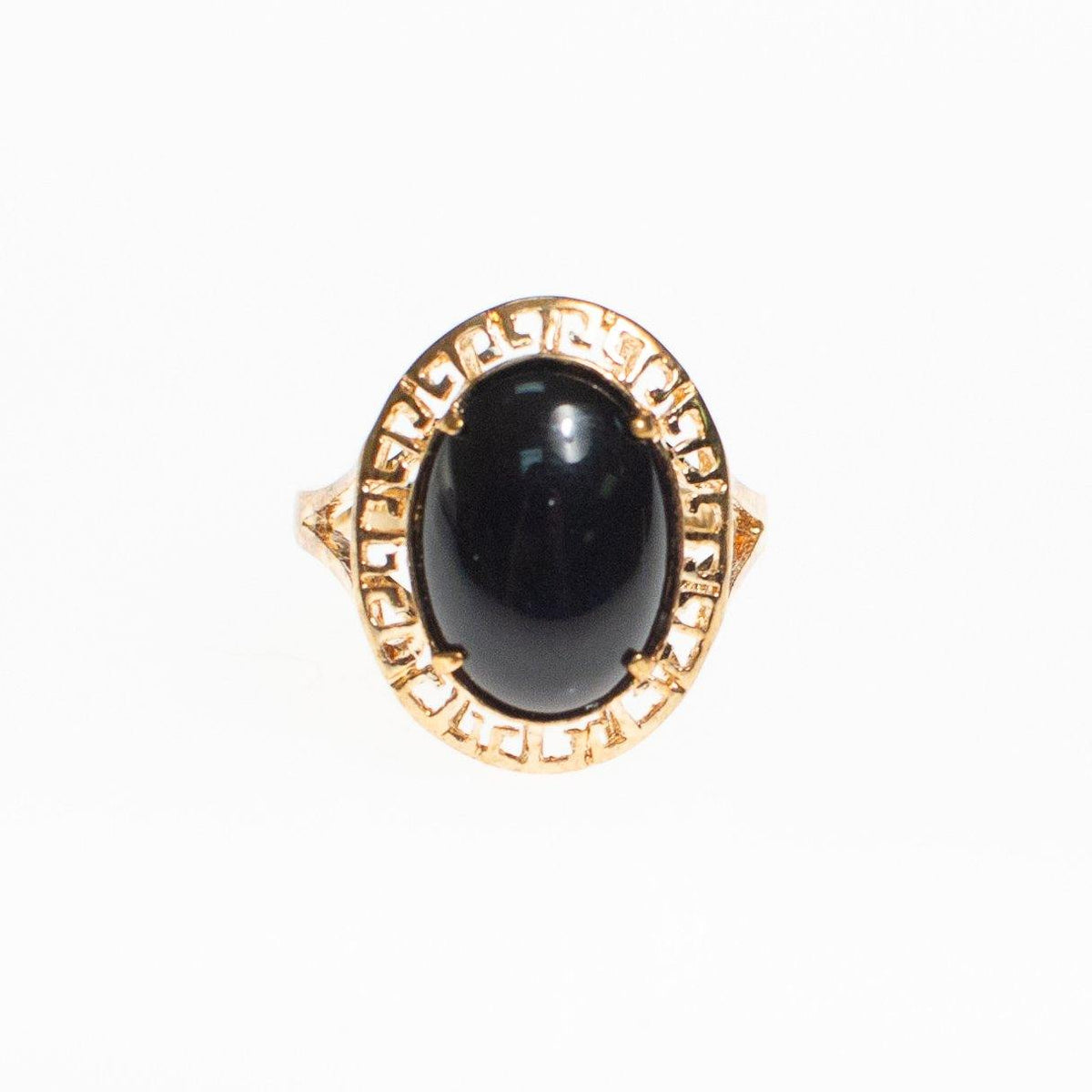 Oval Black Onyx Statement Ring with Greek Key Design