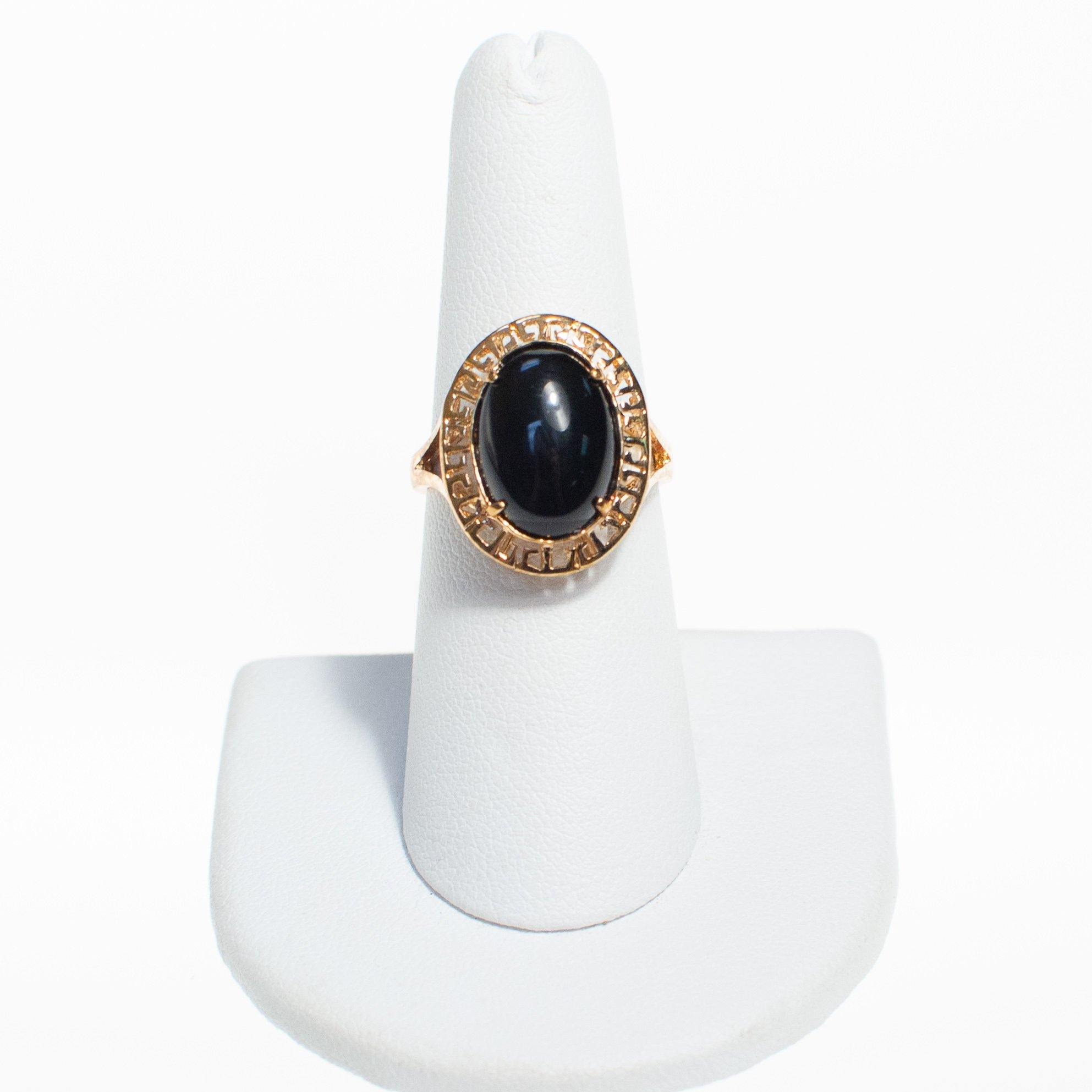 Oval Black Onyx Statement Ring with Greek Key Design by Vintage Meet Modern - Vintage Meet Modern Vintage Jewelry - Chicago, Illinois - #oldhollywoodglamour #vintagemeetmodern #designervintage #jewelrybox #antiquejewelry #vintagejewelry