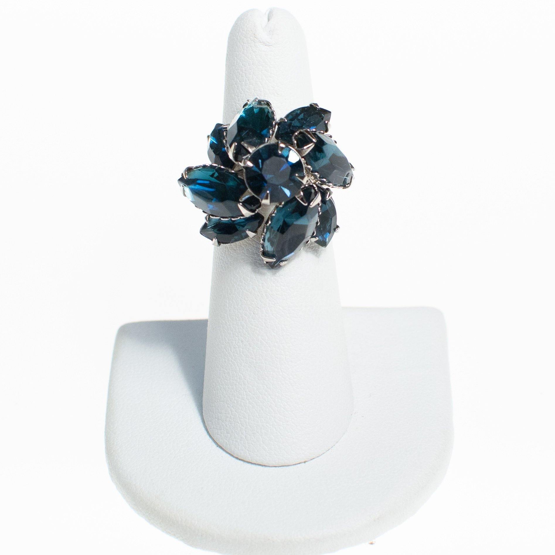 Juliana Blue Crystal Cocktail Ring by Vintage Meet Modern - Vintage Meet Modern Vintage Jewelry - Chicago, Illinois - #oldhollywoodglamour #vintagemeetmodern #designervintage #jewelrybox #antiquejewelry #vintagejewelry
