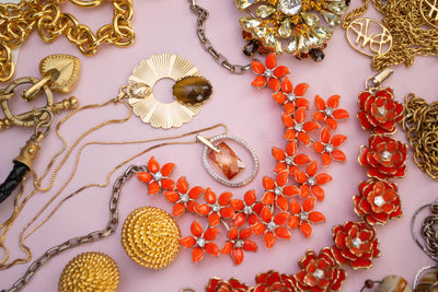 Vintage Orange Thermoset Flower Necklace, Orange Lucite Flowers, Silver Tone Chain, Rhinestones, Fish Hook Clasp by 1950s - Vintage Meet Modern Vintage Jewelry - Chicago, Illinois - #oldhollywoodglamour #vintagemeetmodern #designervintage #jewelrybox #antiquejewelry #vintagejewelry