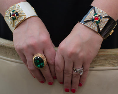 Ciner Maltese Cross Cuff Bracelet in Black Enamel With Emerald, Ruby, and Sapphire Crystal Cabochons by Ciner - Vintage Meet Modern Vintage Jewelry - Chicago, Illinois - #oldhollywoodglamour #vintagemeetmodern #designervintage #jewelrybox #antiquejewelry #vintagejewelry
