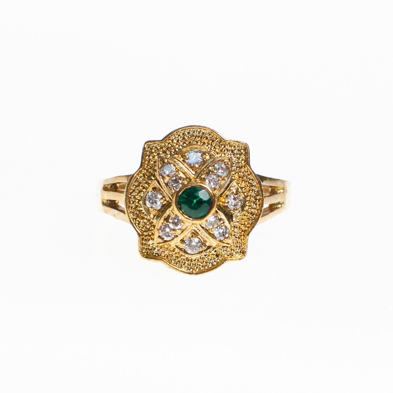 Art Deco Emerald and Diamante Crystal Ring with Milgrain Accent