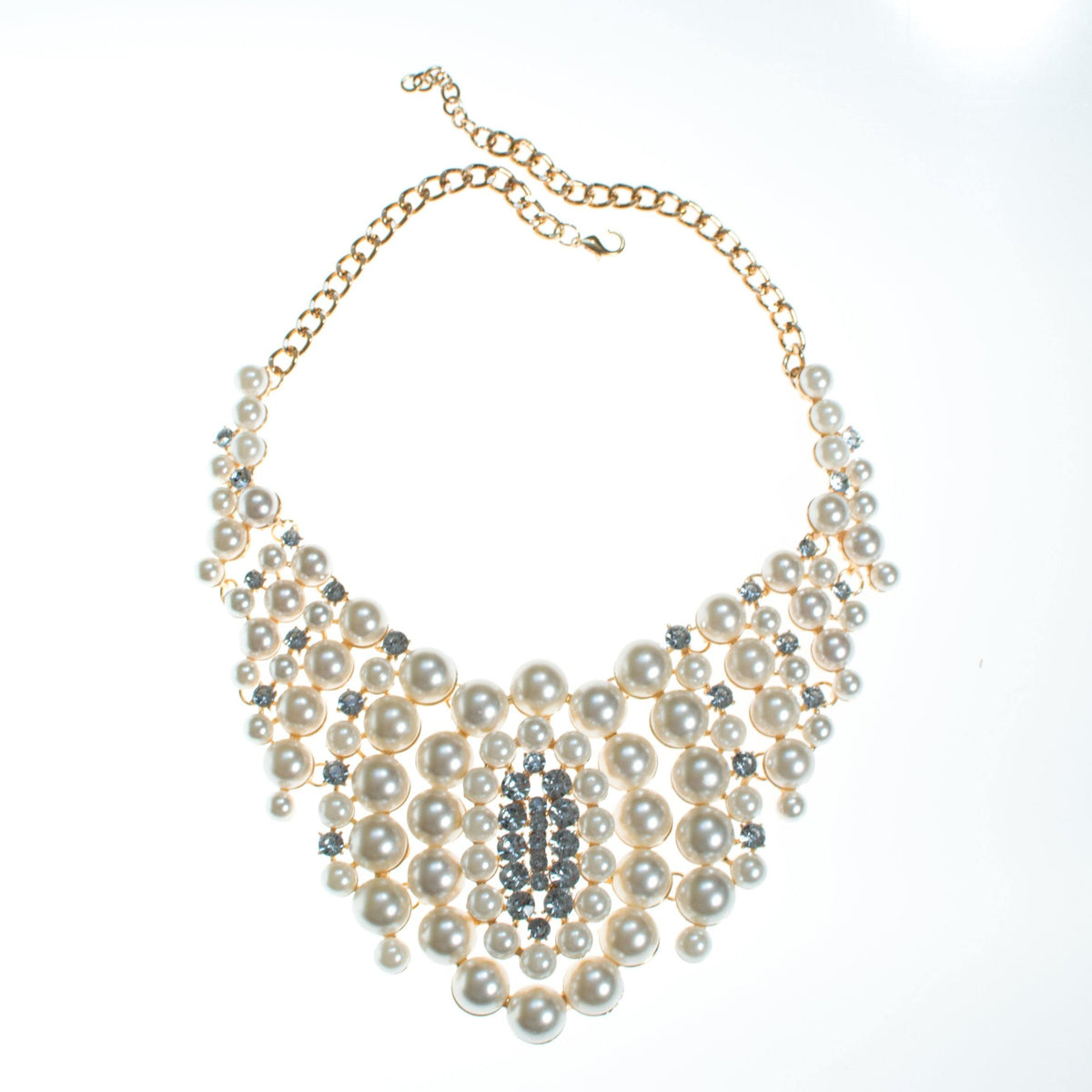 Audrey Pearl and Rhinestone Bib Statement Necklace