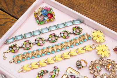 Vintage Judy Lee Gold Bracelet with Rhinestones and Turquoise Beads by Judy Lee - Vintage Meet Modern Vintage Jewelry - Chicago, Illinois - #oldhollywoodglamour #vintagemeetmodern #designervintage #jewelrybox #antiquejewelry #vintagejewelry