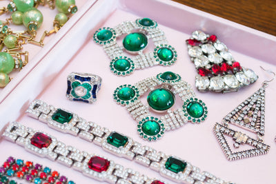 Art Deco Emerald Cabochon and Diamante Rhinestone Statement Earrings by Vintage Meet Modern  - Vintage Meet Modern Vintage Jewelry - Chicago, Illinois - #oldhollywoodglamour #vintagemeetmodern #designervintage #jewelrybox #antiquejewelry #vintagejewelry