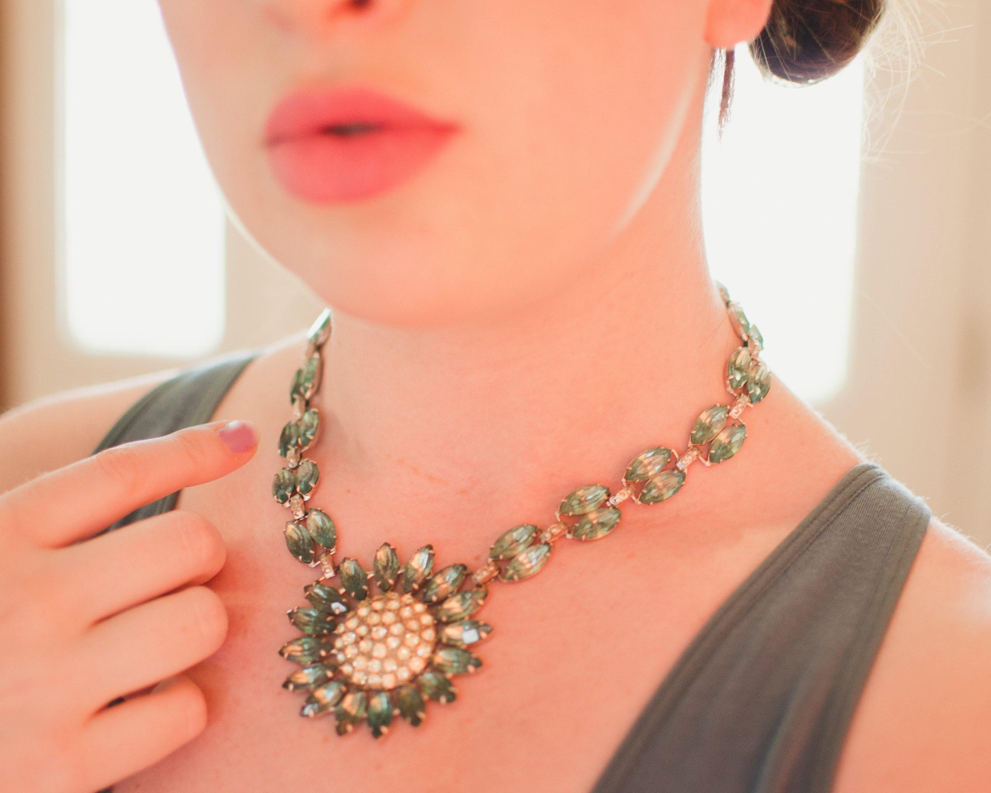 Vintage Light Blue Rhinestone Statement Necklace, Silver Tone, Pot Metal, 1940s by Art Deco - Vintage Meet Modern Vintage Jewelry - Chicago, Illinois - #oldhollywoodglamour #vintagemeetmodern #designervintage #jewelrybox #antiquejewelry #vintagejewelry