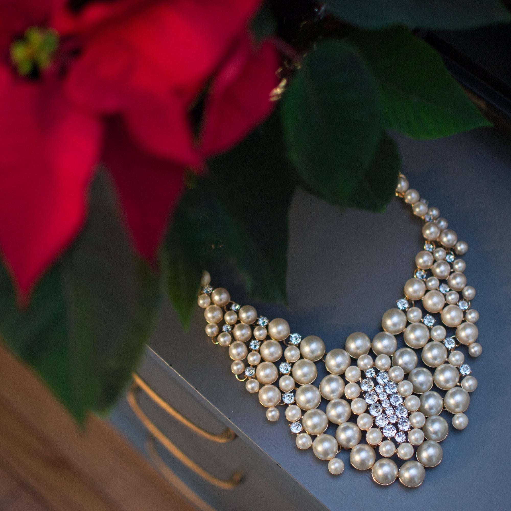 Audrey Pearl and Rhinestone Bib Statement Necklace by Vintage Meet Modern - Vintage Meet Modern Vintage Jewelry - Chicago, Illinois - #oldhollywoodglamour #vintagemeetmodern #designervintage #jewelrybox #antiquejewelry #vintagejewelry