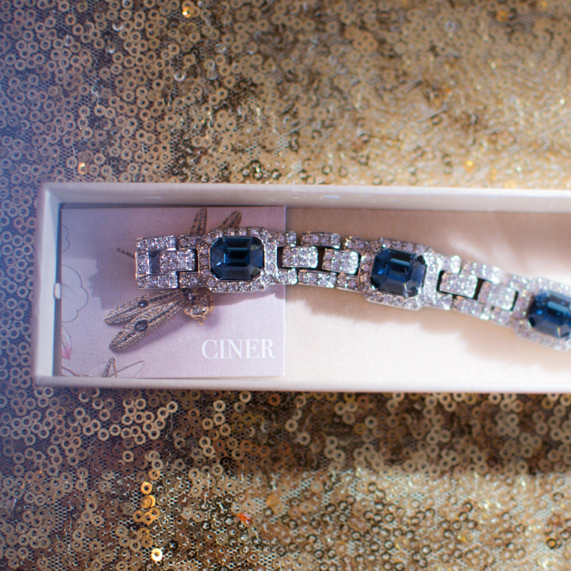 The Great Gatsby Bracelet with Sapphire Crystals By Ciner New York by Ciner - Vintage Meet Modern Vintage Jewelry - Chicago, Illinois - #oldhollywoodglamour #vintagemeetmodern #designervintage #jewelrybox #antiquejewelry #vintagejewelry