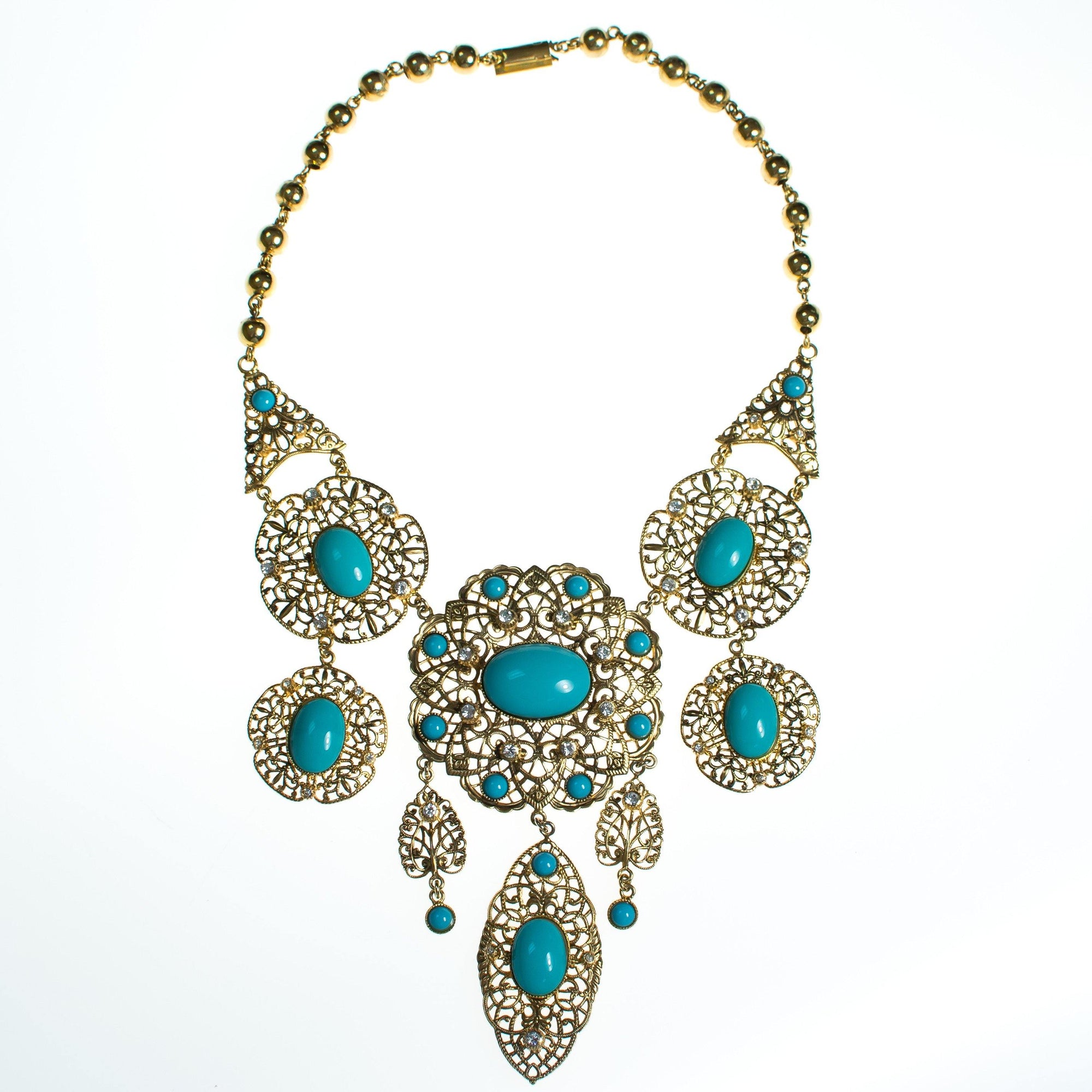 Gianni de Leguoro Turquoise Cabochon and Gold Filigree Bib Necklace by Vintage Meet Modern - Vintage Meet Modern Vintage Jewelry - Chicago, Illinois - #oldhollywoodglamour #vintagemeetmodern #designervintage #jewelrybox #antiquejewelry #vintagejewelry