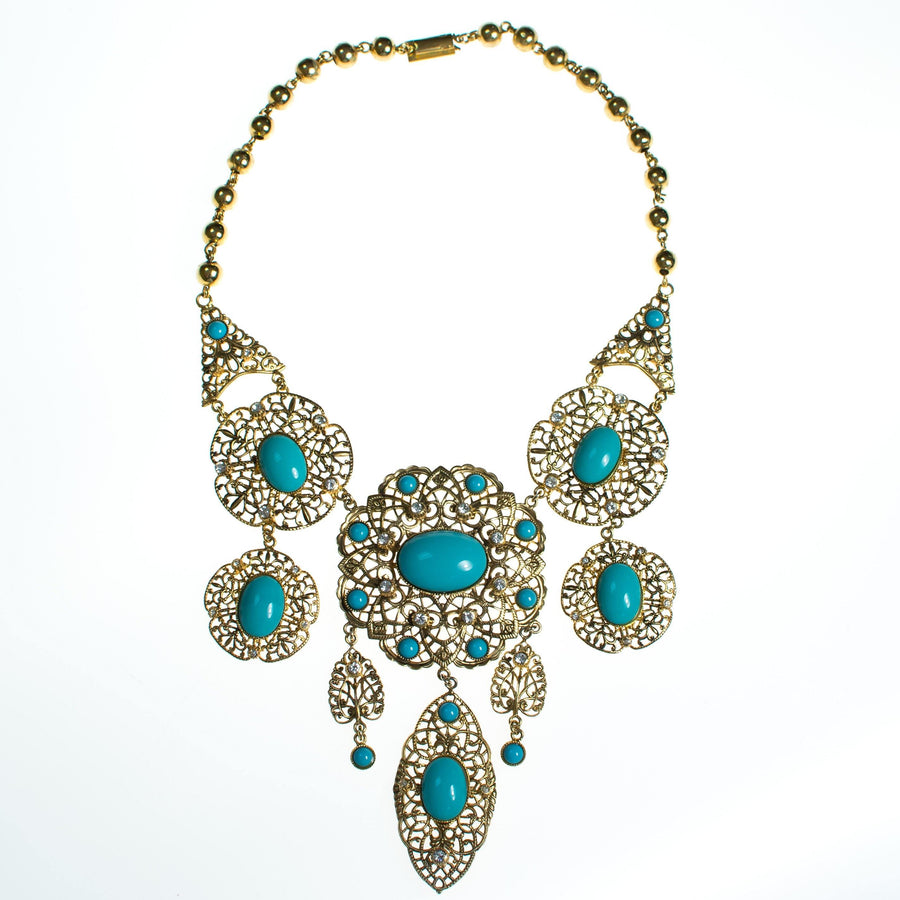 Gianni de Leguoro Turquoise Cabochon and Gold Filigree Bib Necklace by Vintage Meet Modern - Vintage Meet Modern Vintage Jewelry - Chicago, Illinois - #oldhollywoodglamour #vintagemeetmodern #designervintage #jewelrybox #antiquejewelry #vintagejewelry