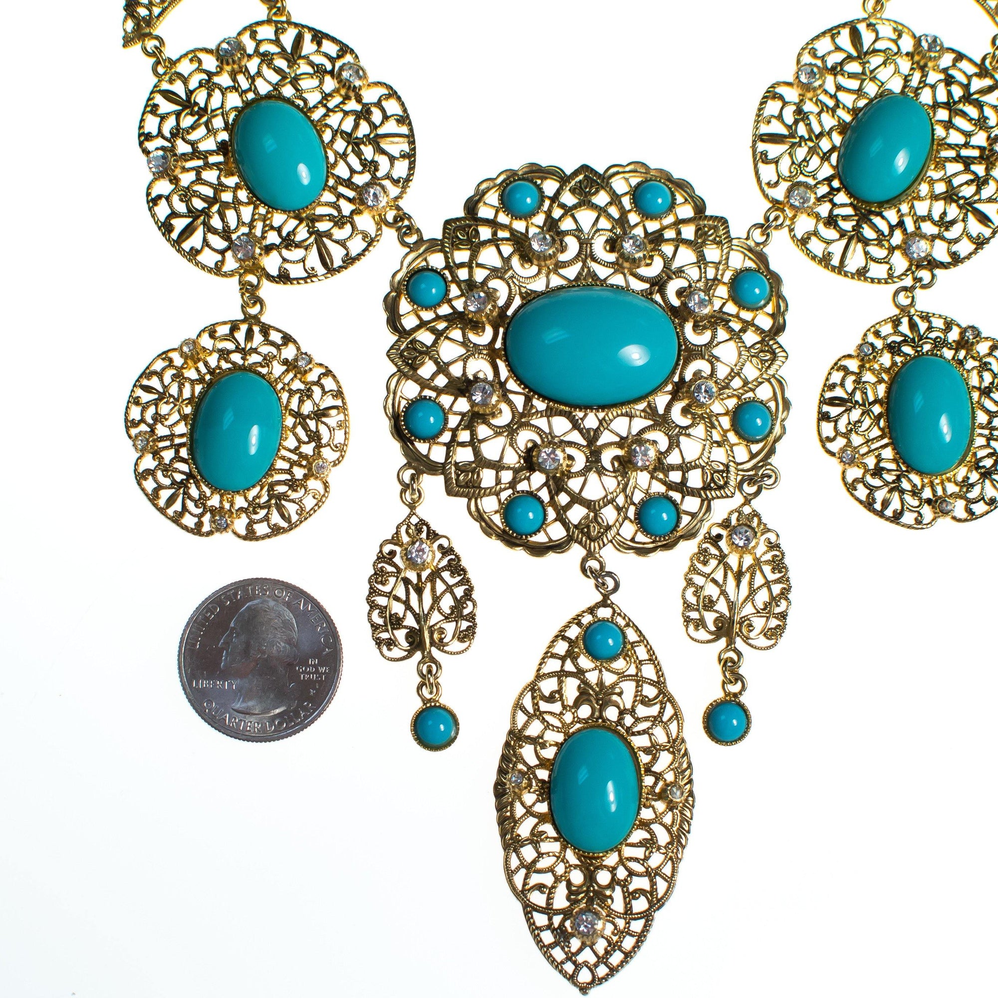 Gianni de Leguoro Turquoise Cabochon and Gold Filigree Bib Necklace by Vintage Meet Modern - Vintage Meet Modern Vintage Jewelry - Chicago, Illinois - #oldhollywoodglamour #vintagemeetmodern #designervintage #jewelrybox #antiquejewelry #vintagejewelry