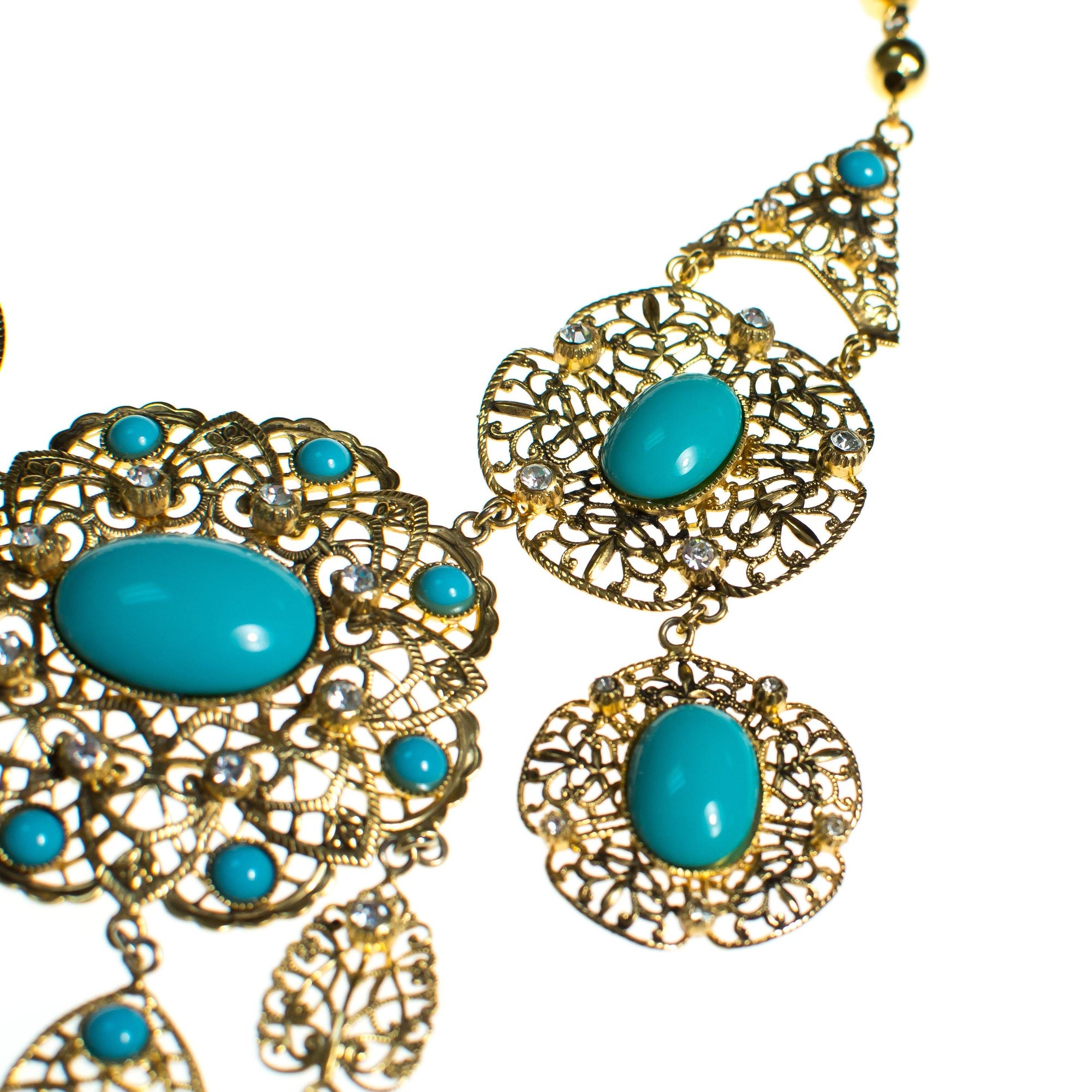 Gianni de Leguoro Turquoise Cabochon and Gold Filigree Bib Necklace by Vintage Meet Modern - Vintage Meet Modern Vintage Jewelry - Chicago, Illinois - #oldhollywoodglamour #vintagemeetmodern #designervintage #jewelrybox #antiquejewelry #vintagejewelry