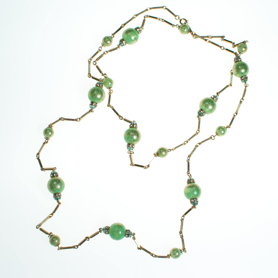 Vintage Lime Green Glitter Bubble Bead and Rhinestone Rondelle Sautoir Necklace by Vintage Meet Modern - Vintage Meet Modern Vintage Jewelry - Chicago, Illinois - #oldhollywoodglamour #vintagemeetmodern #designervintage #jewelrybox #antiquejewelry #vintagejewelry