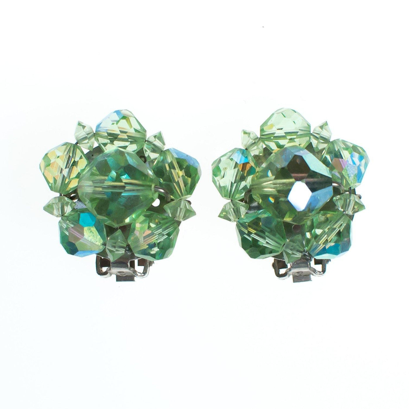 Vintage Light Green Aurora Borealis Crystal Cluster Earrings