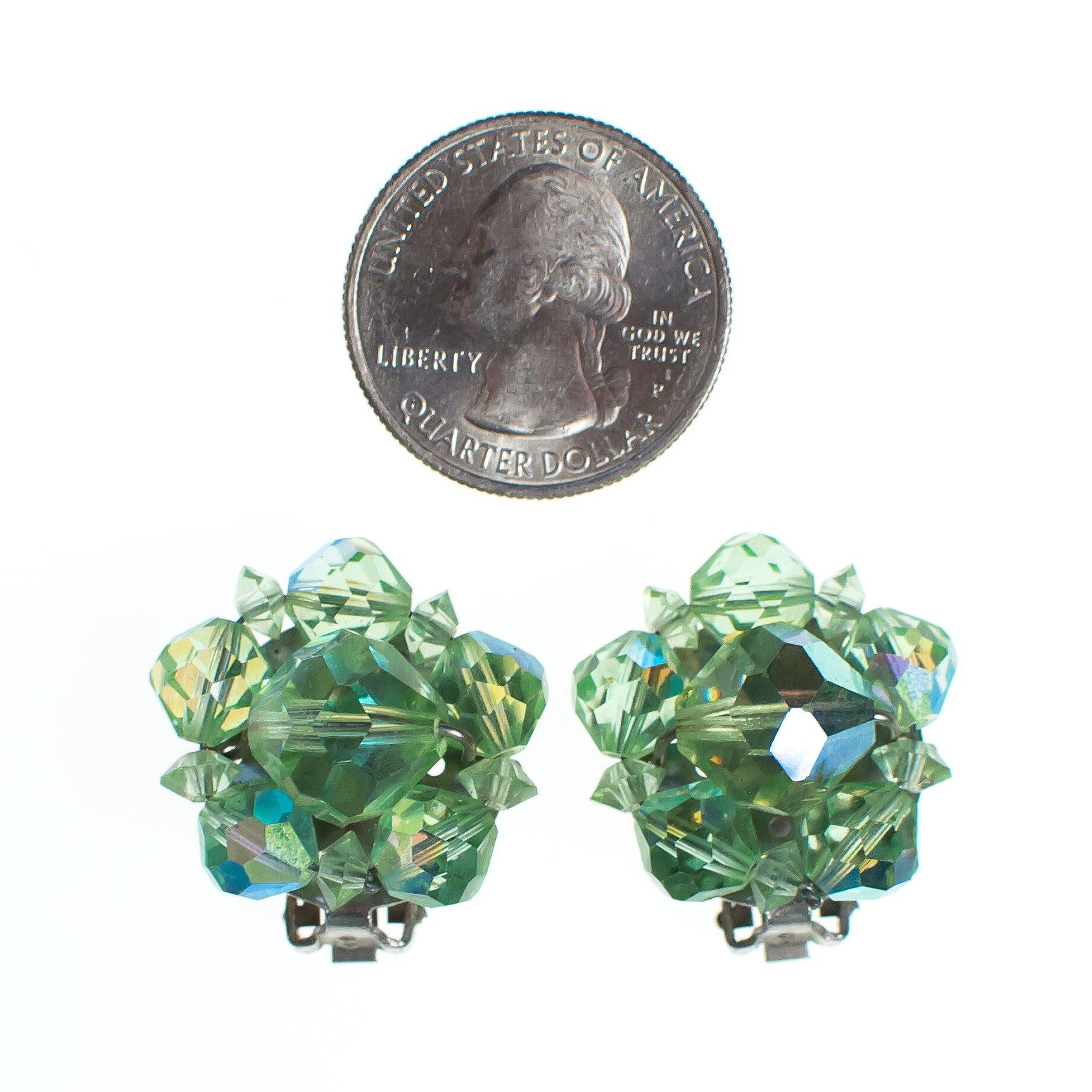 Vintage Light Green Aurora Borealis Crystal Cluster Earrings by Vintage Meet Modern - Vintage Meet Modern Vintage Jewelry - Chicago, Illinois - #oldhollywoodglamour #vintagemeetmodern #designervintage #jewelrybox #antiquejewelry #vintagejewelry