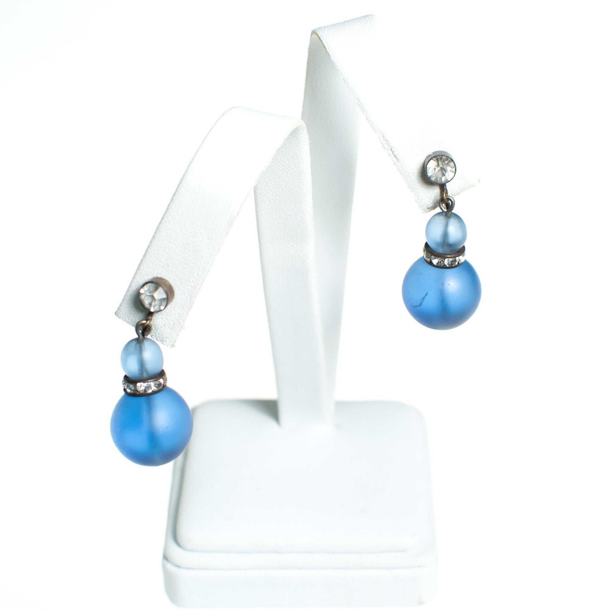 Vintage Czech Blue Frosted Crystal Earrings with Rhinestone Rondelles by Vintage Meet Modern - Vintage Meet Modern Vintage Jewelry - Chicago, Illinois - #oldhollywoodglamour #vintagemeetmodern #designervintage #jewelrybox #antiquejewelry #vintagejewelry