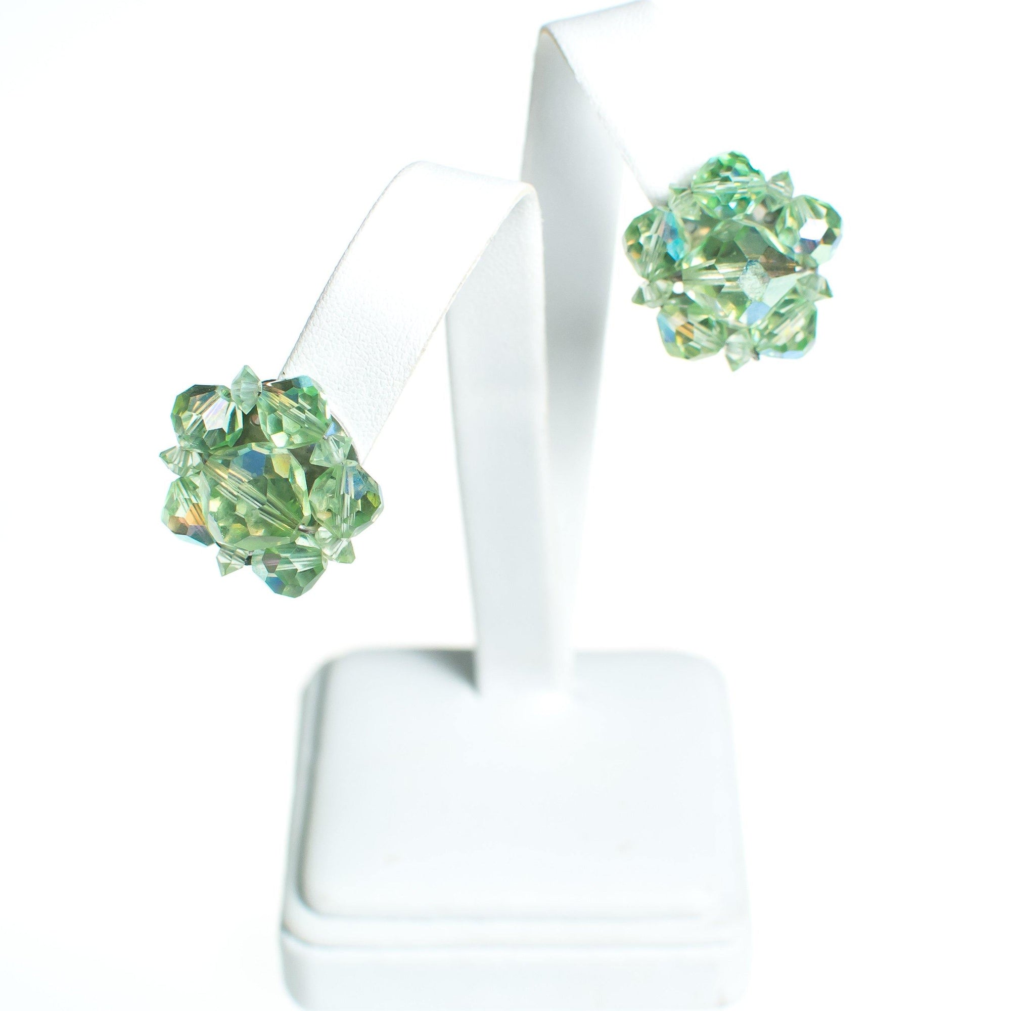Vintage Light Green Aurora Borealis Crystal Cluster Earrings by Vintage Meet Modern - Vintage Meet Modern Vintage Jewelry - Chicago, Illinois - #oldhollywoodglamour #vintagemeetmodern #designervintage #jewelrybox #antiquejewelry #vintagejewelry