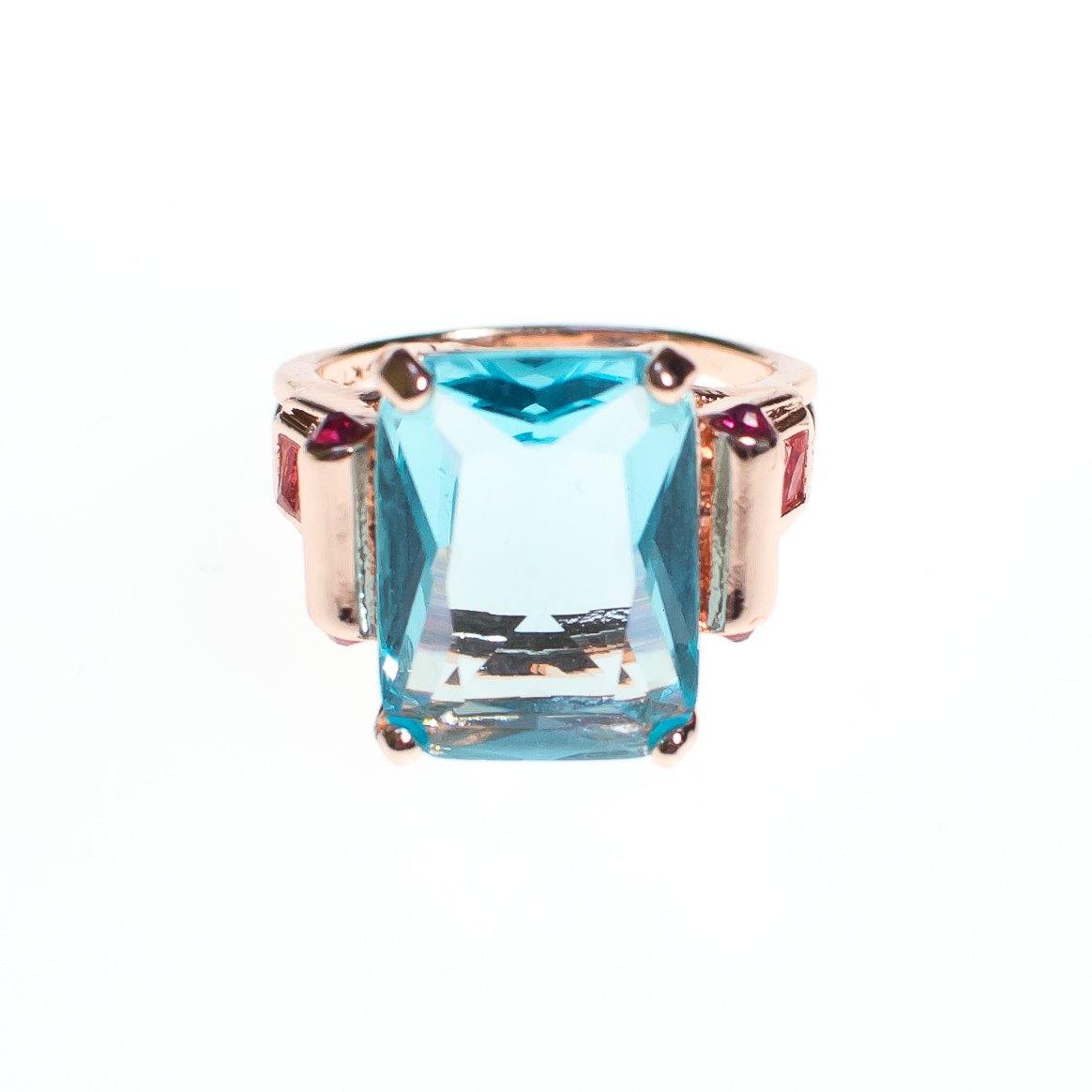 Art Deco Inspired Aqua and Pink Crystal Rose Gold Plated Ring