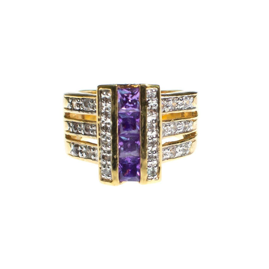 Vintage Amethyst Crystal and CZ Wide Band Statement Ring by 1980s - Vintage Meet Modern Vintage Jewelry - Chicago, Illinois - #oldhollywoodglamour #vintagemeetmodern #designervintage #jewelrybox #antiquejewelry #vintagejewelry