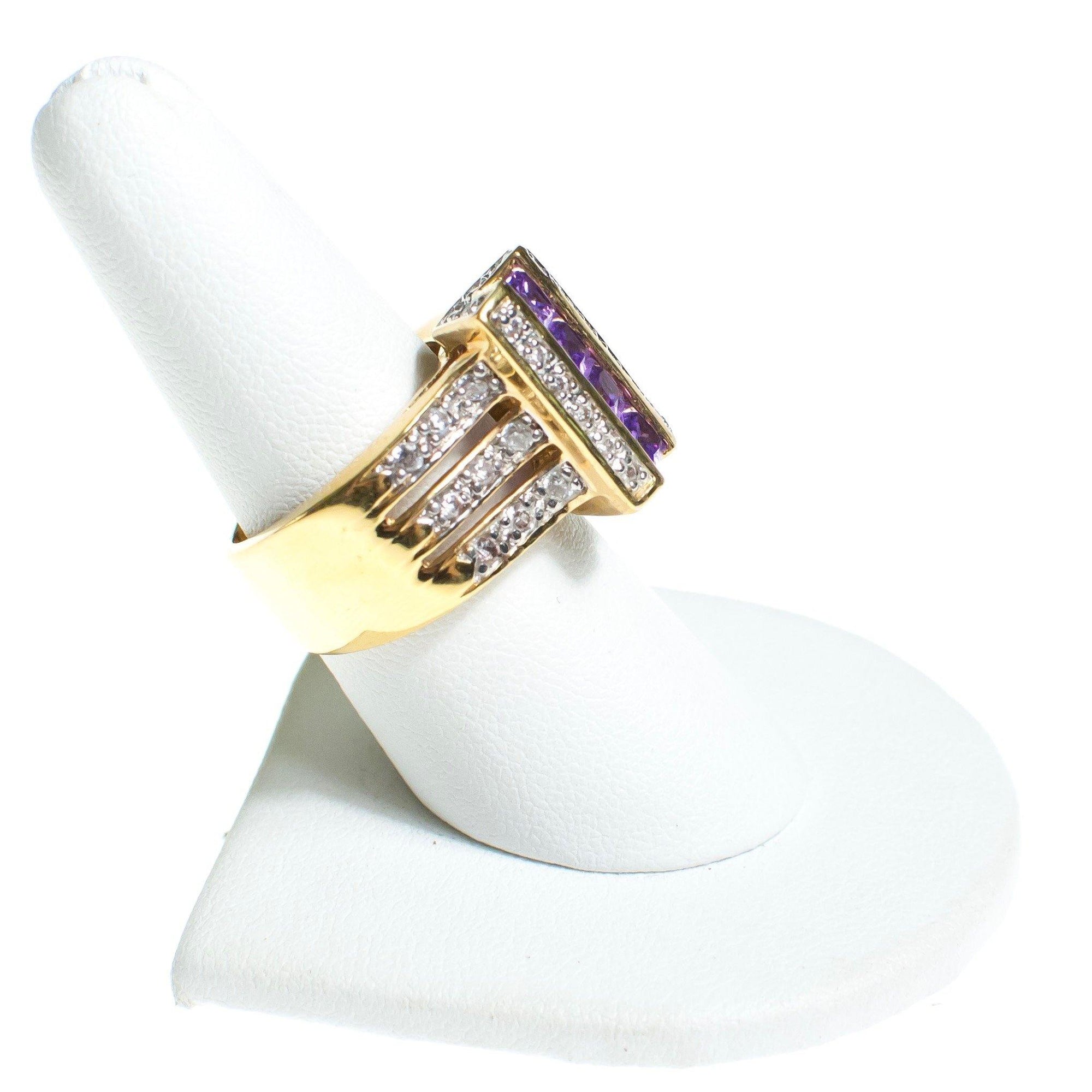 Vintage Amethyst Crystal and CZ Wide Band Statement Ring by 1980s - Vintage Meet Modern Vintage Jewelry - Chicago, Illinois - #oldhollywoodglamour #vintagemeetmodern #designervintage #jewelrybox #antiquejewelry #vintagejewelry